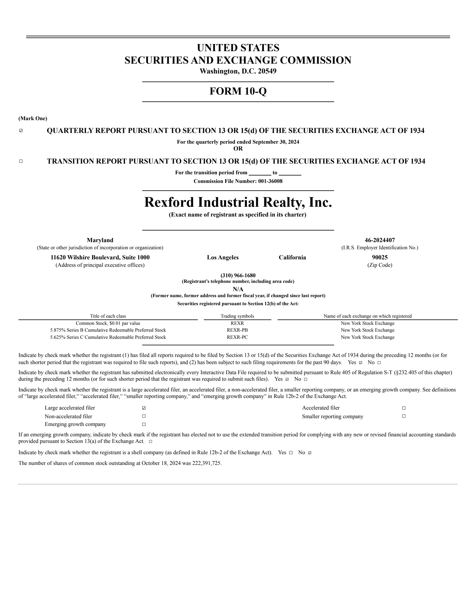 Rexford Industrial Realty's Q3 2024 Quarterly Report