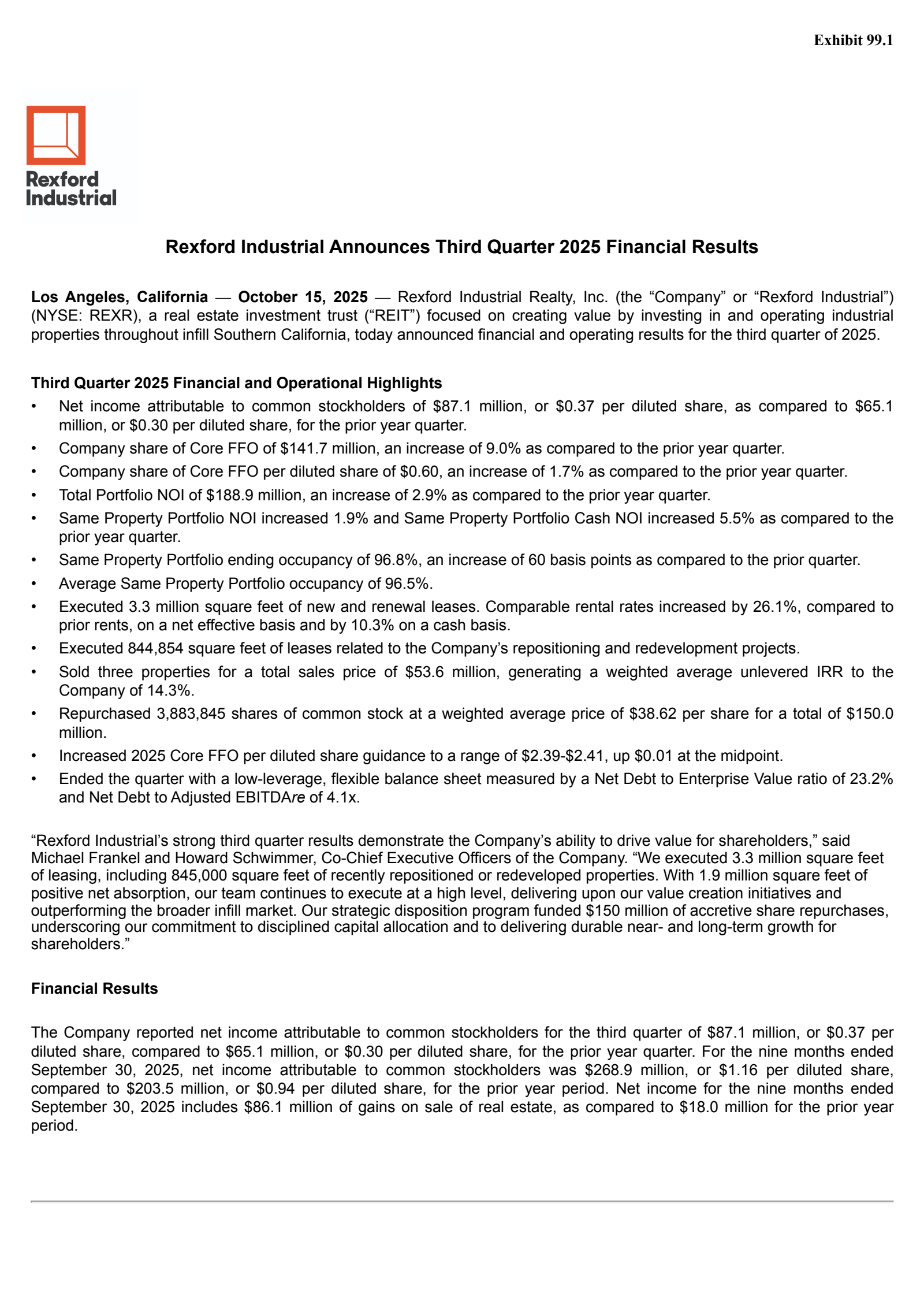 Rexford Industrial Realty's Q3 2025 Earnings Release