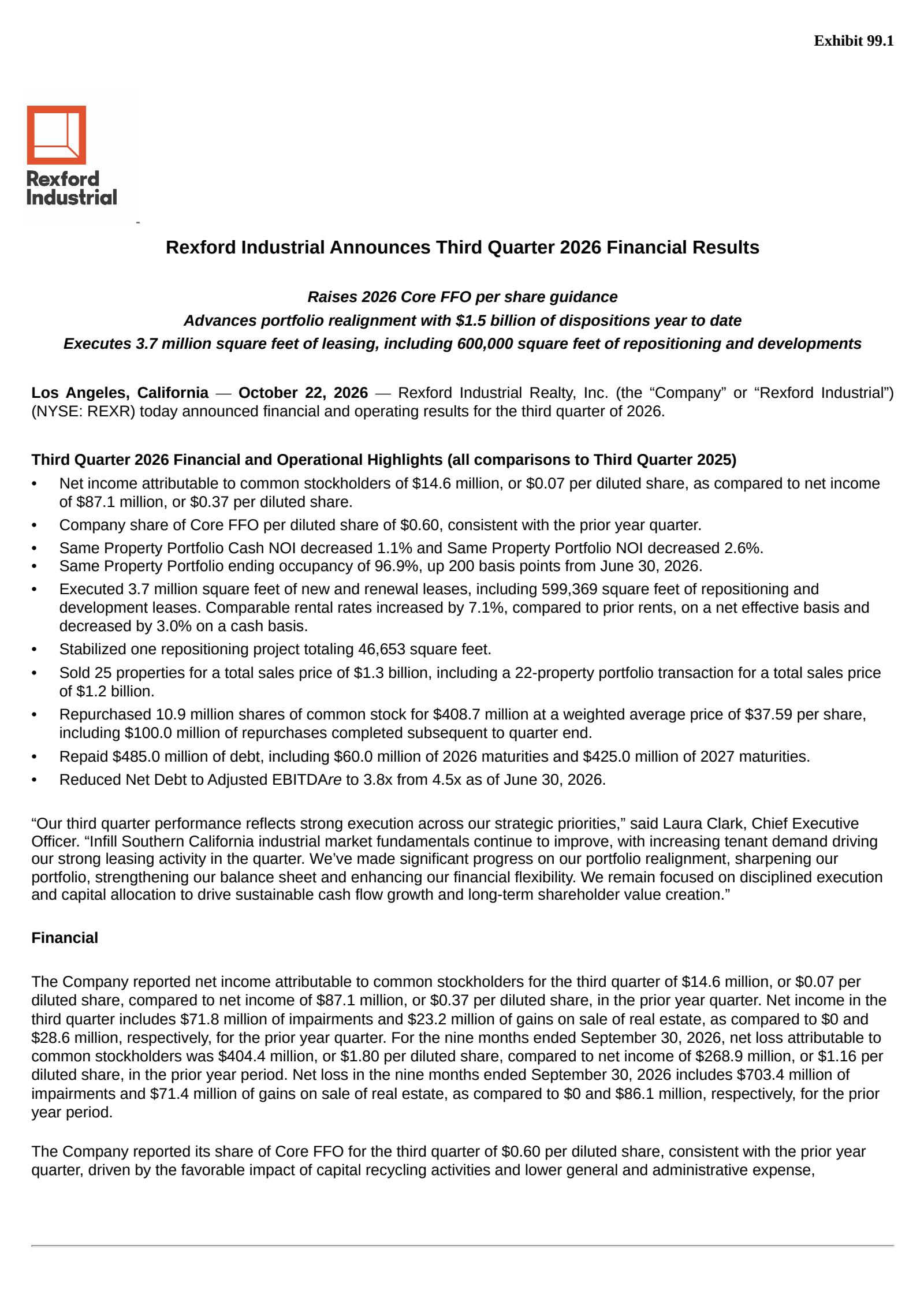Rexford Industrial Realty's Q3 2026 Press Release