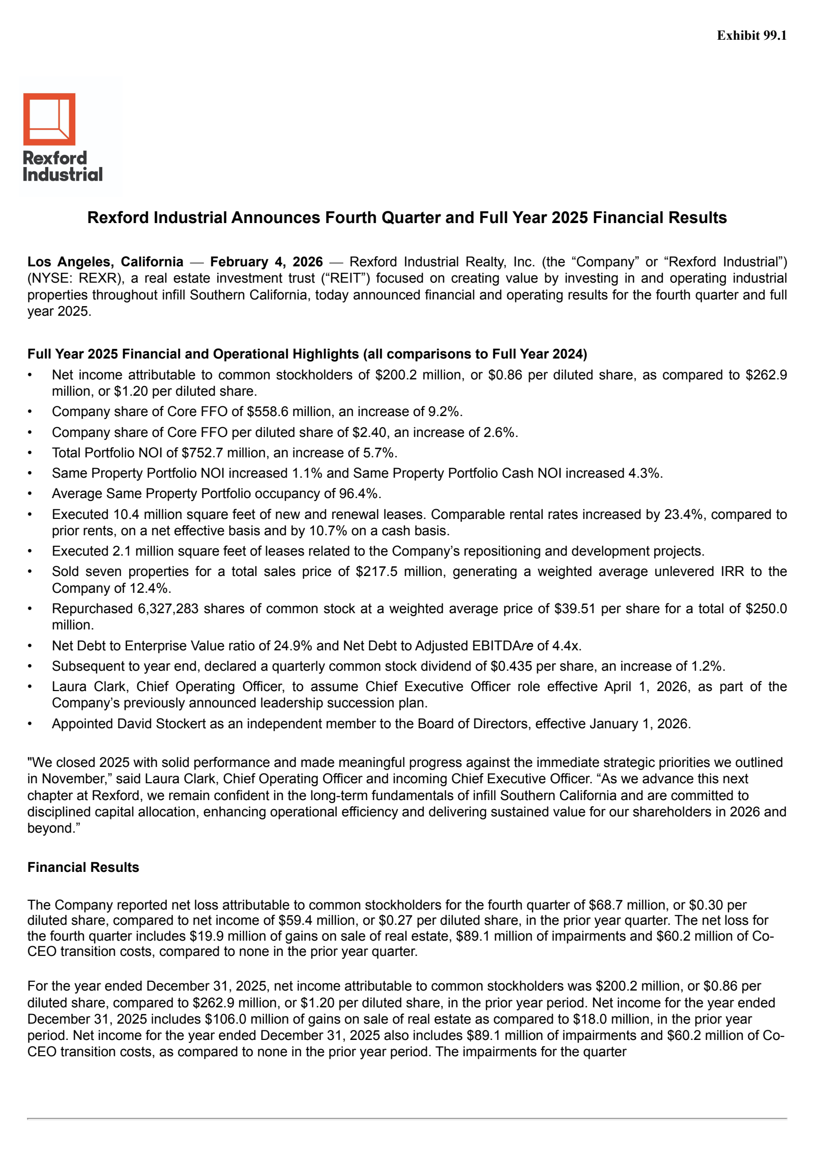 Rexford Industrial Realty's Q4 2025 Press Release