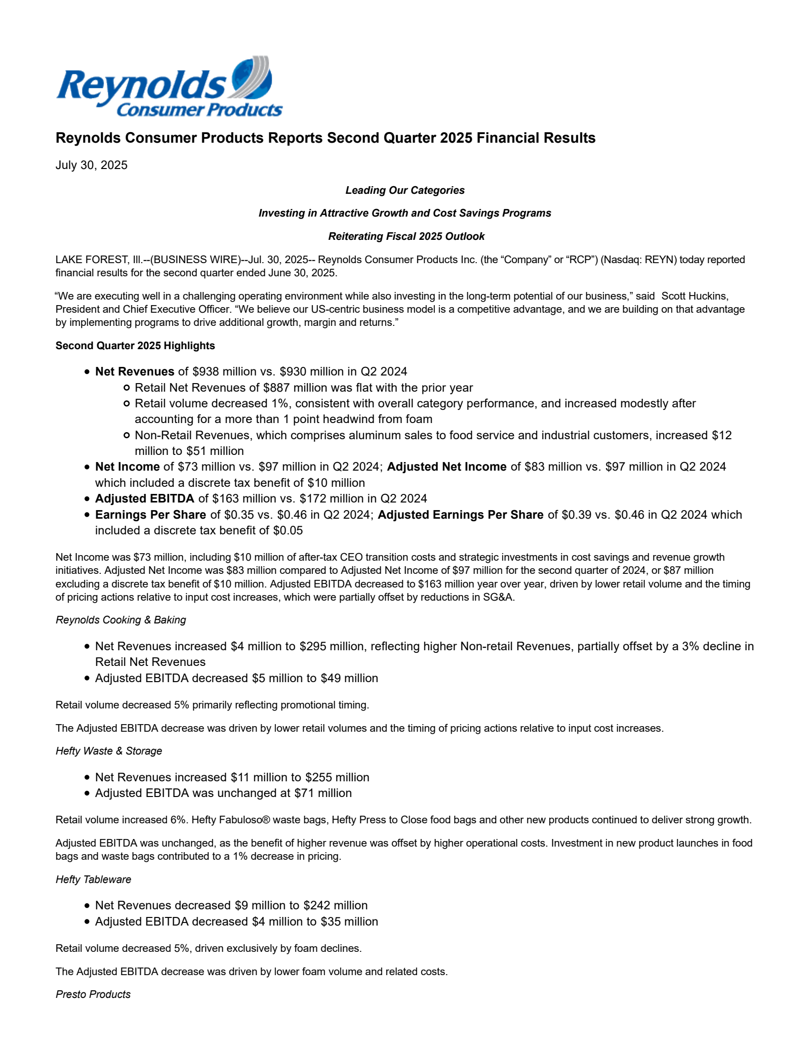 Reynolds Consumer Products' Q2 2025 Press Release