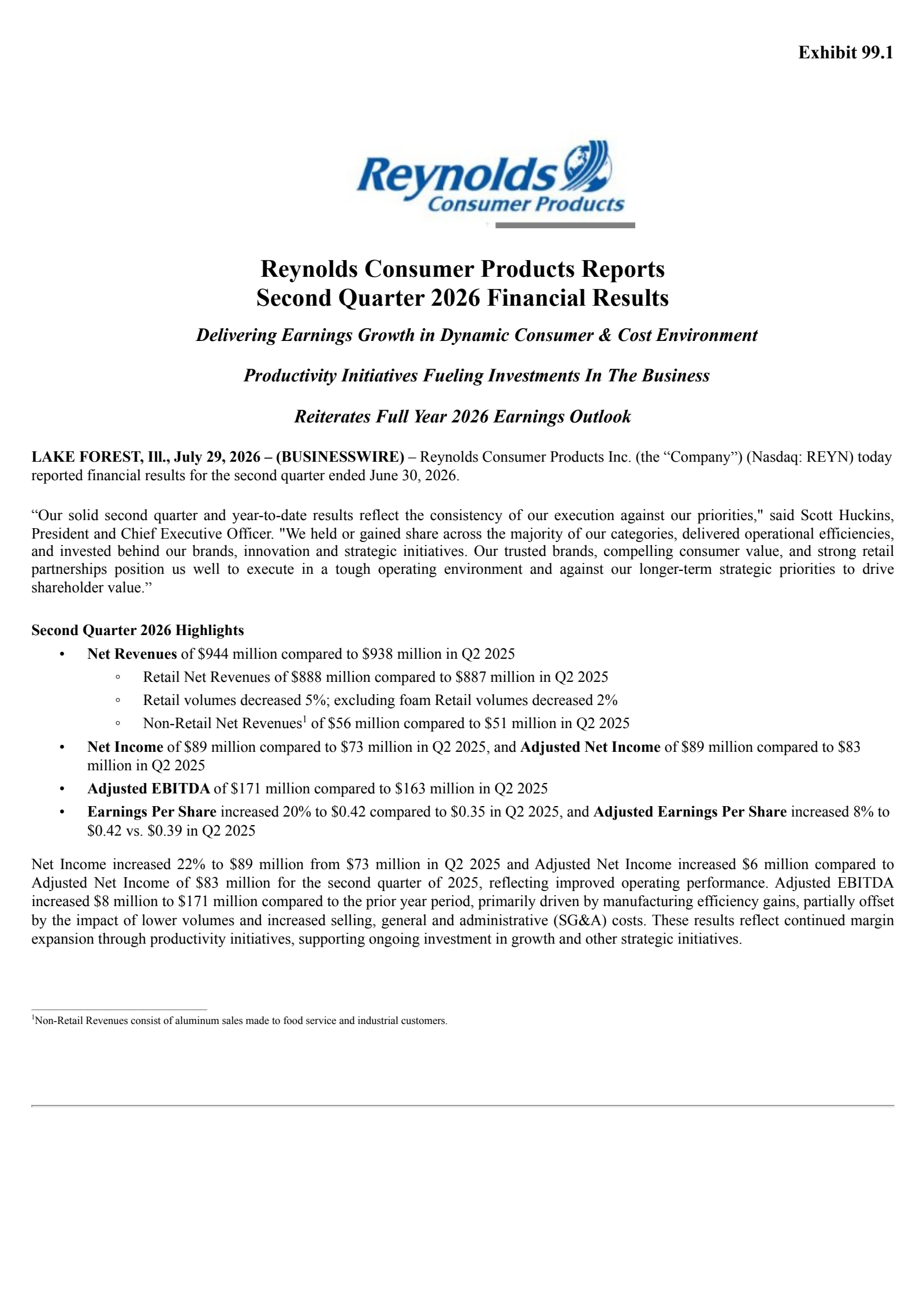 Reynolds Consumer Products' Q2 2026 Press Release