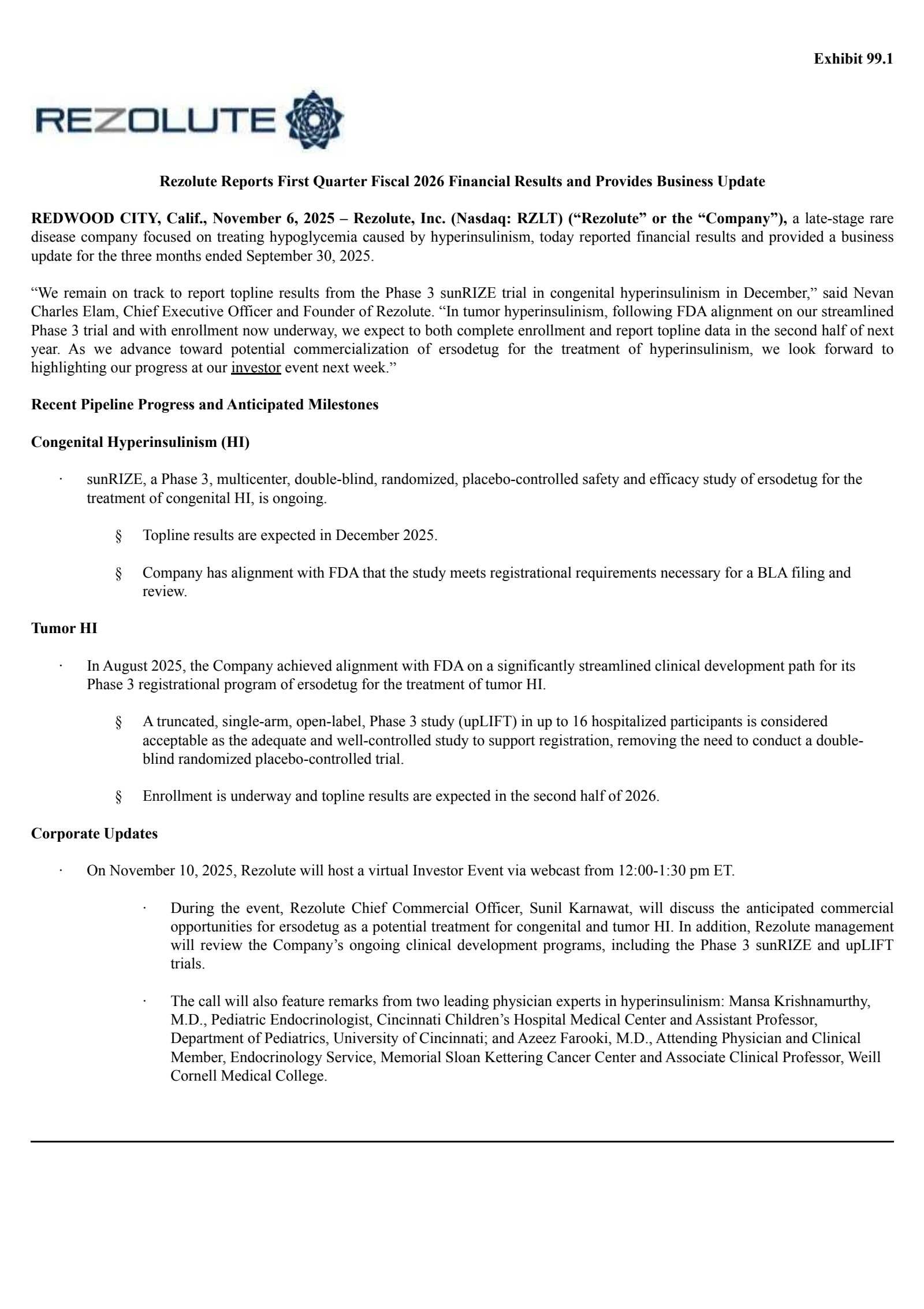 Rezolute's Q1 2026 Earnings Release