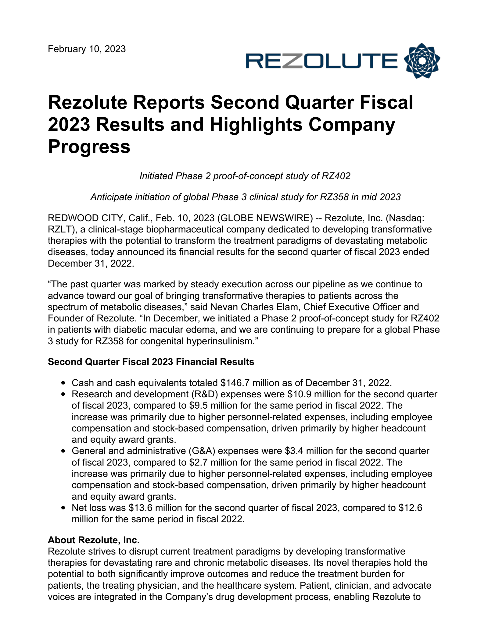 RZLT Q2 2023 Earnings Report on 2/10/2023