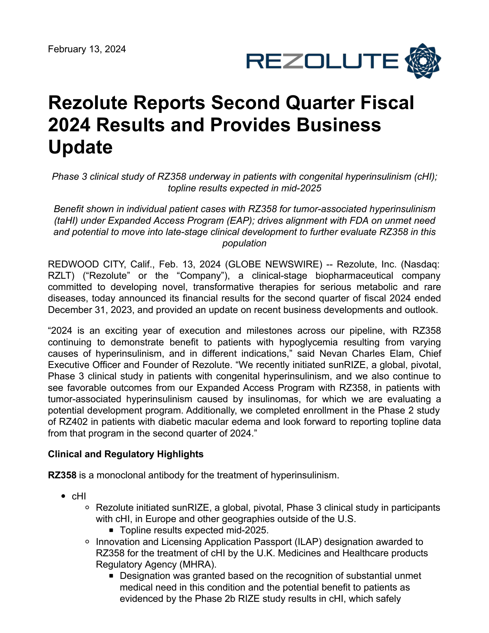 Rezolute's Q2 2024 Press Release