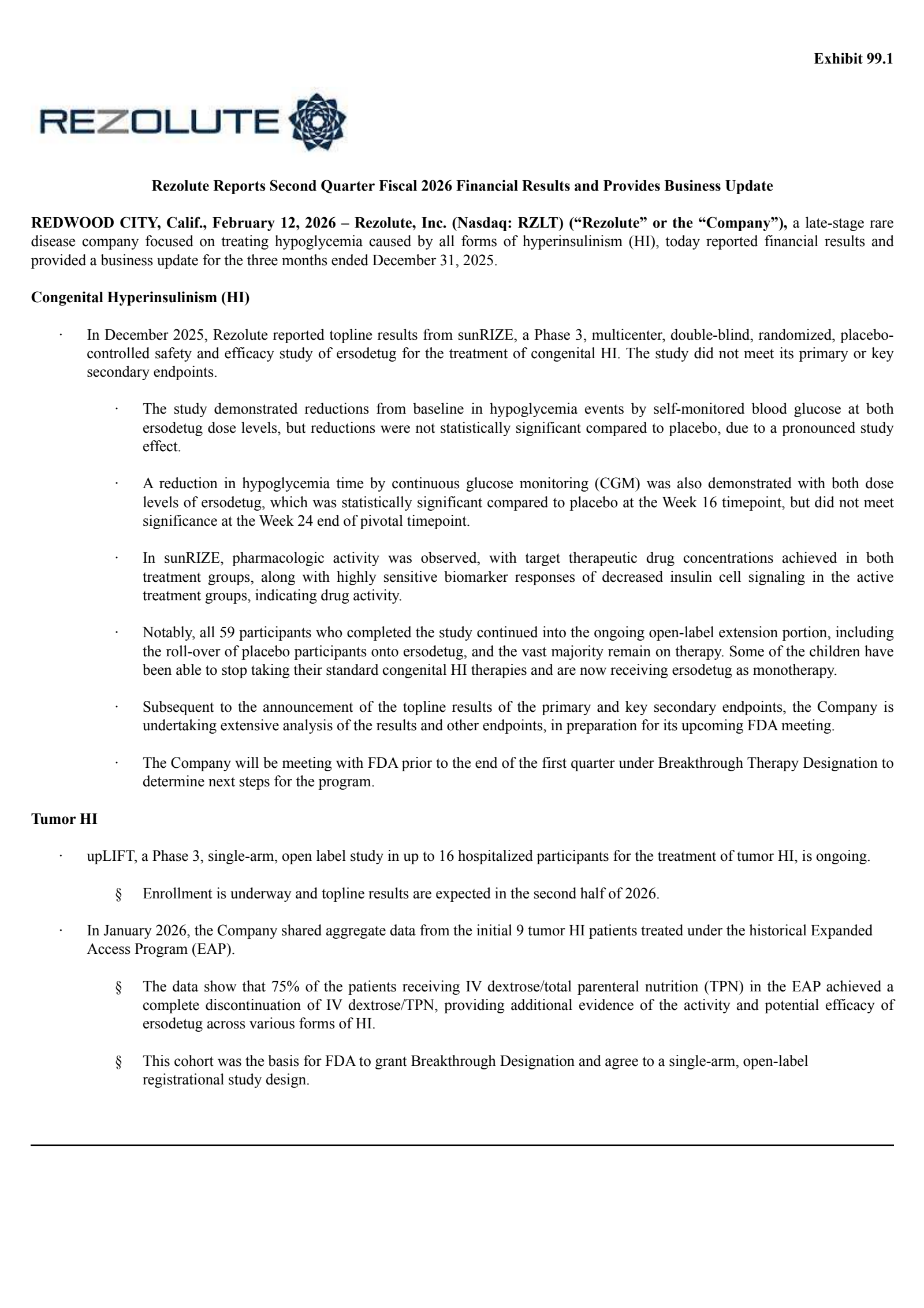 Rezolute's Q2 2026 Press Release
