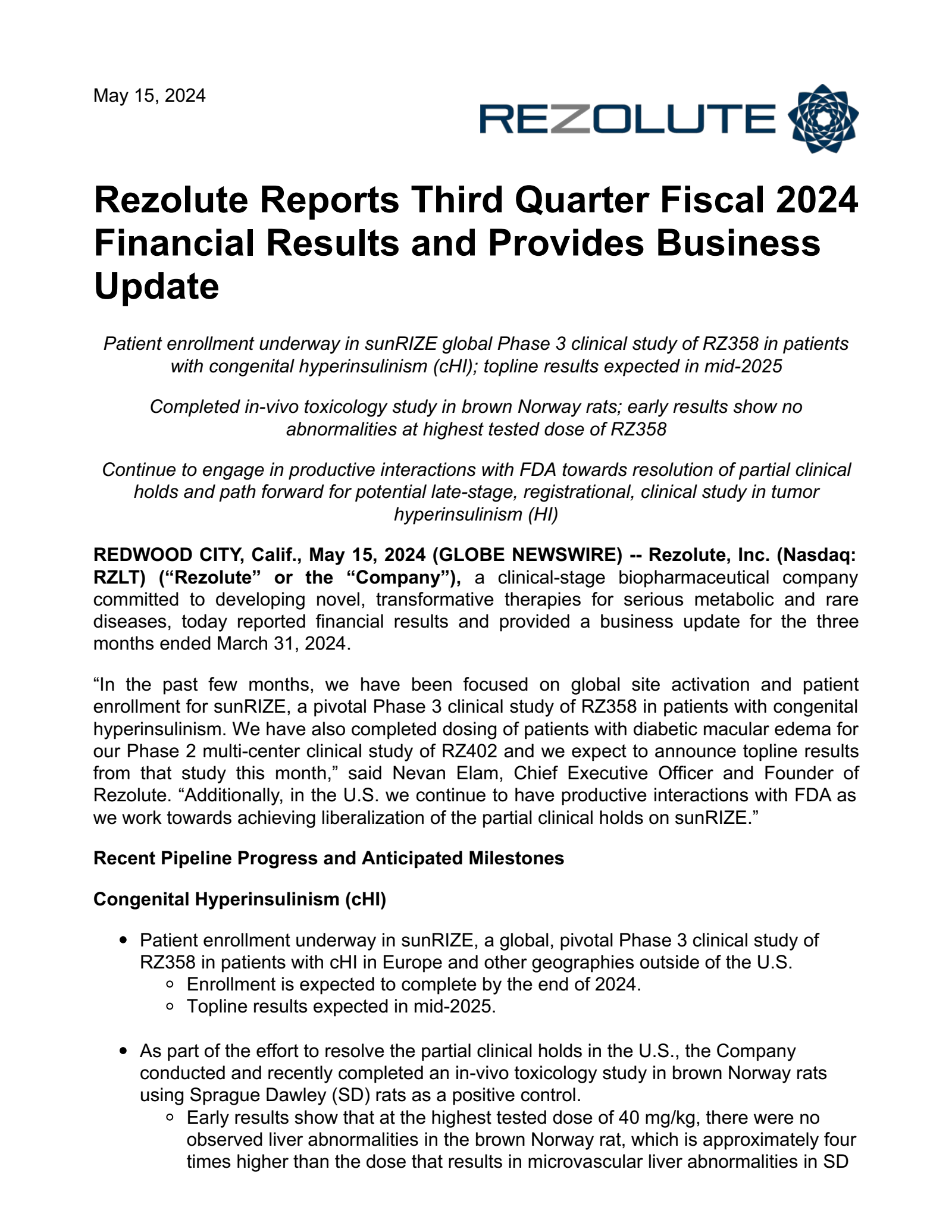 Rezolute's Q3 2024 Press Release