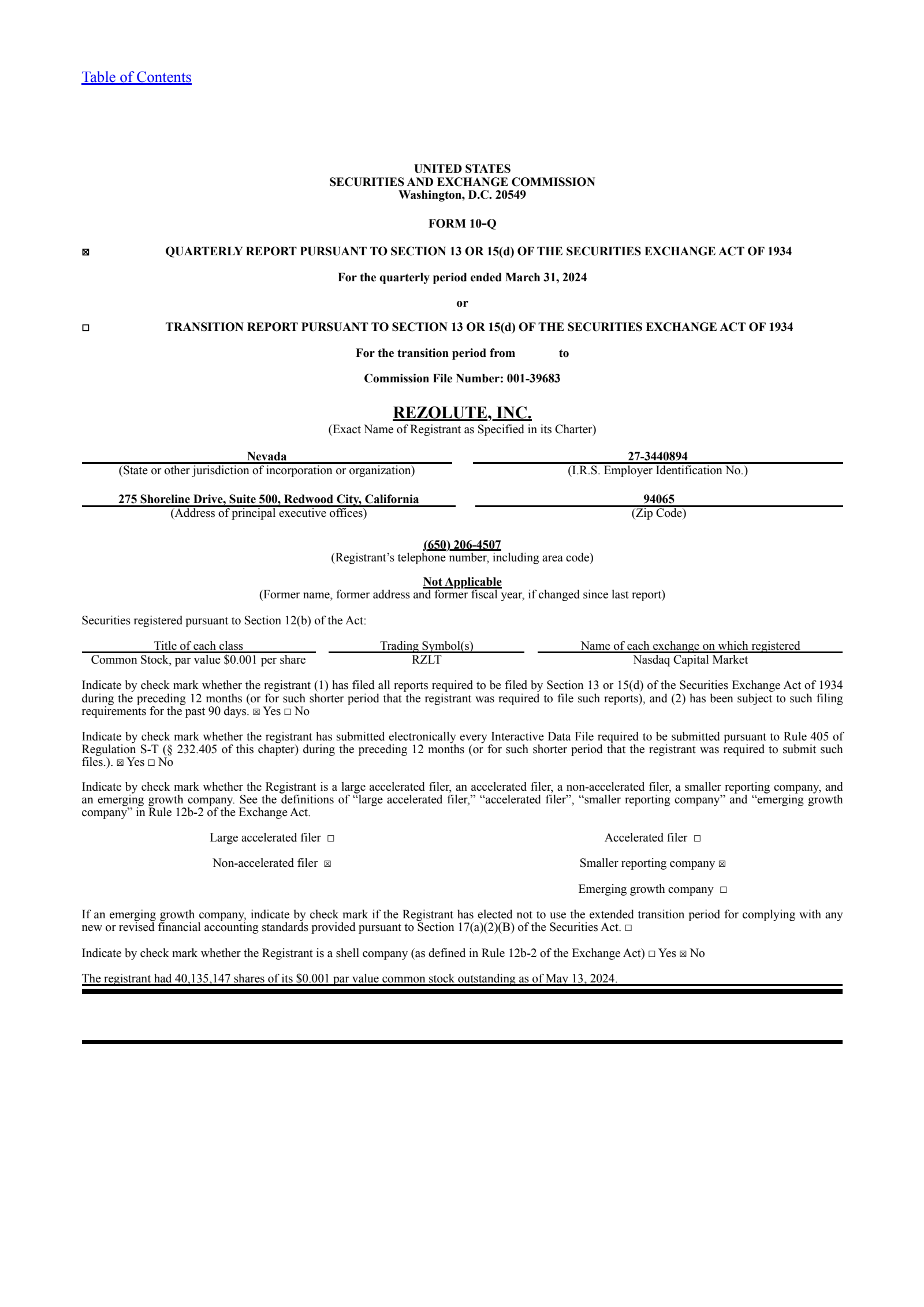 Rezolute's Q3 2024 Quarterly report