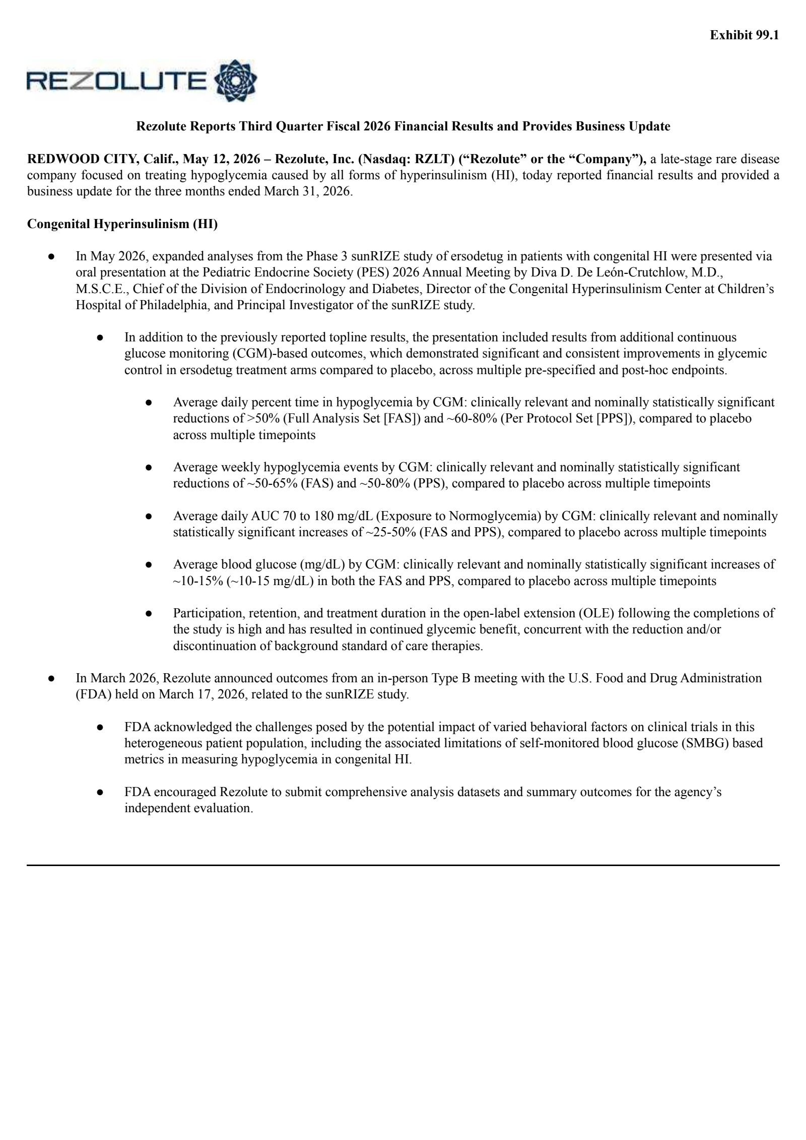Rezolute's Q3 2026 Press Release