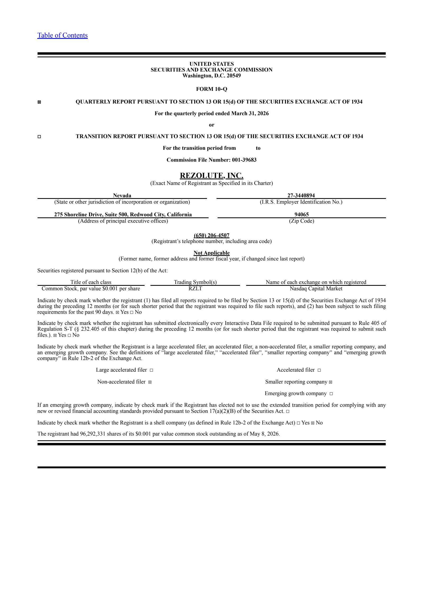 Rezolute's Q3 2026 Quarterly report