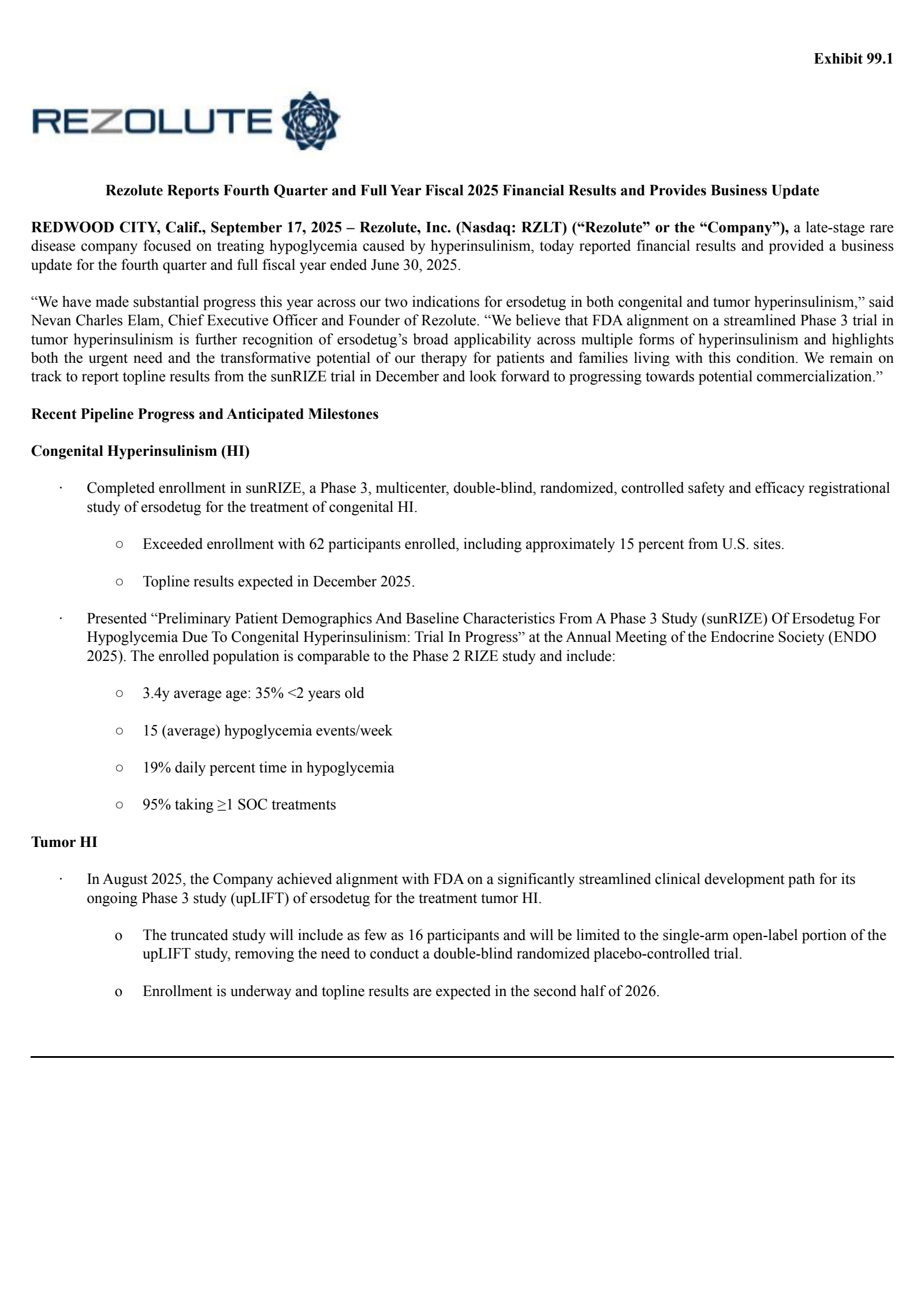 Rezolute's Q4 2025 Earnings Release