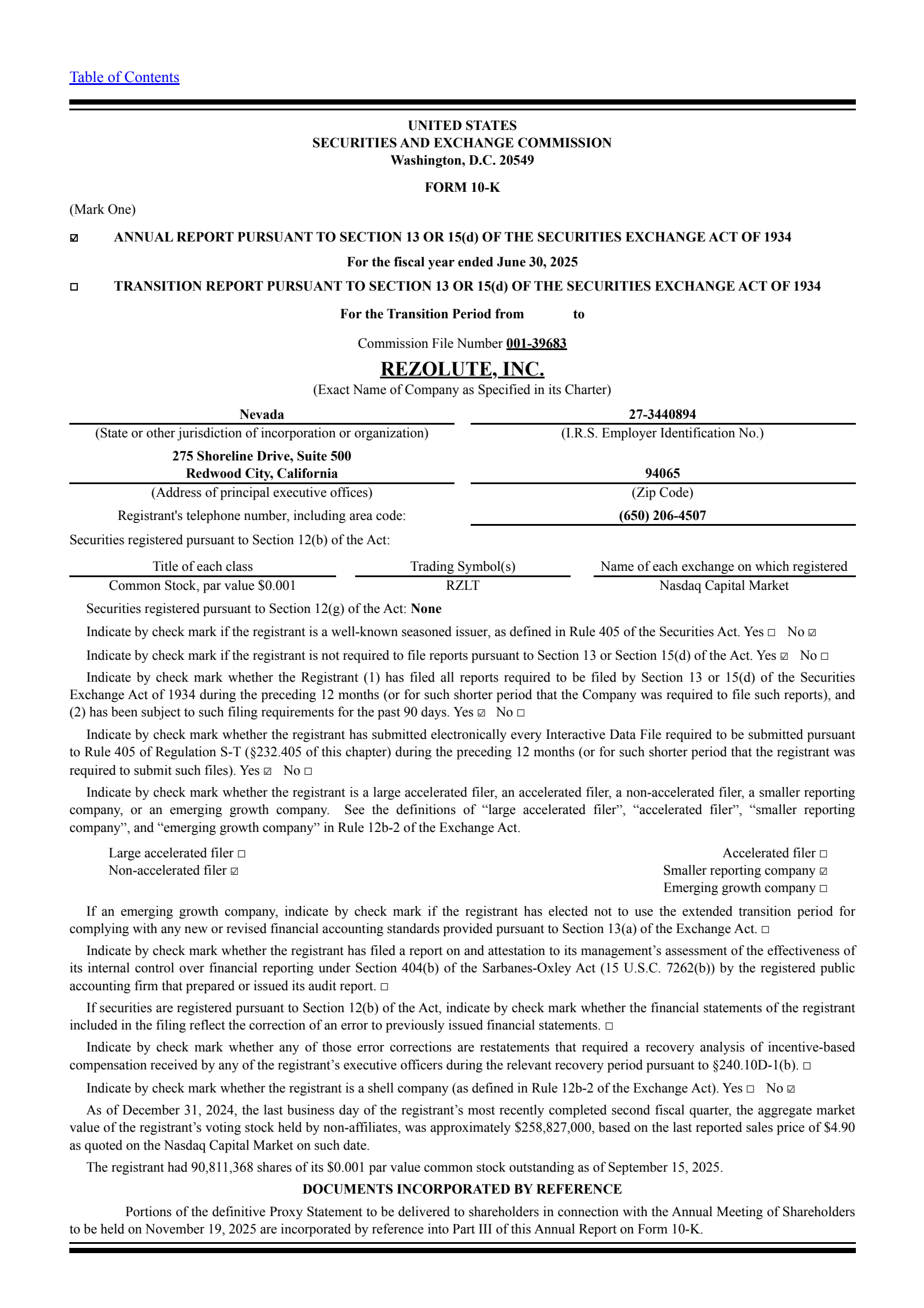 Rezolute's Q4 2025 Annual Report
