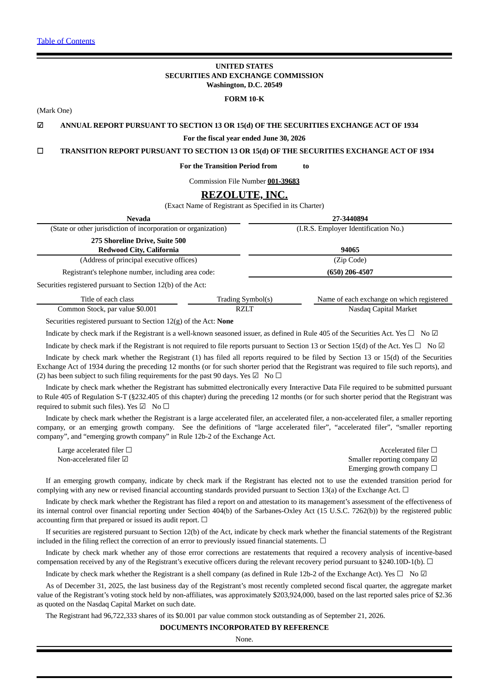 Rezolute's Q4 2026 Annual report