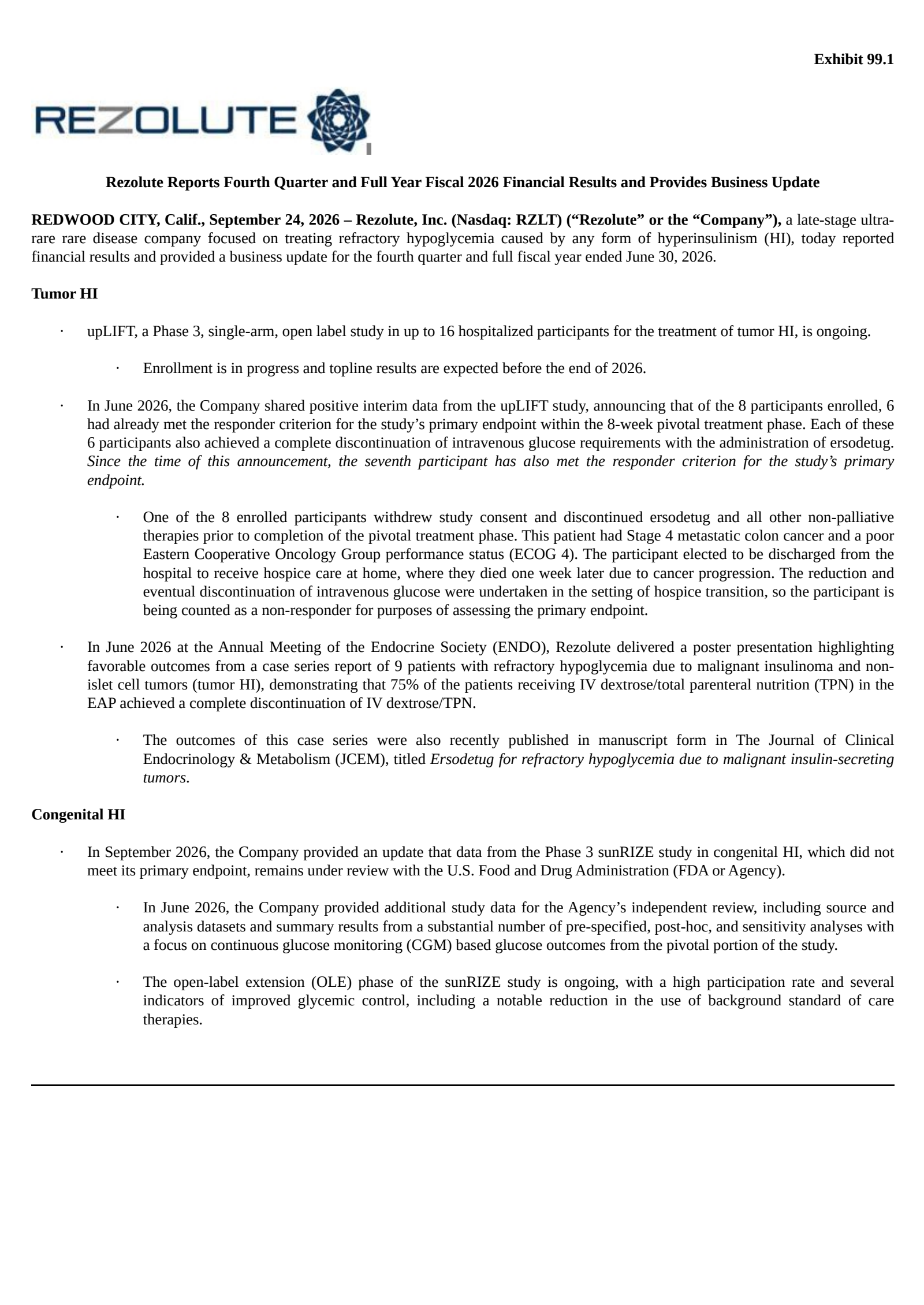 Rezolute's Q4 2026 Press Release