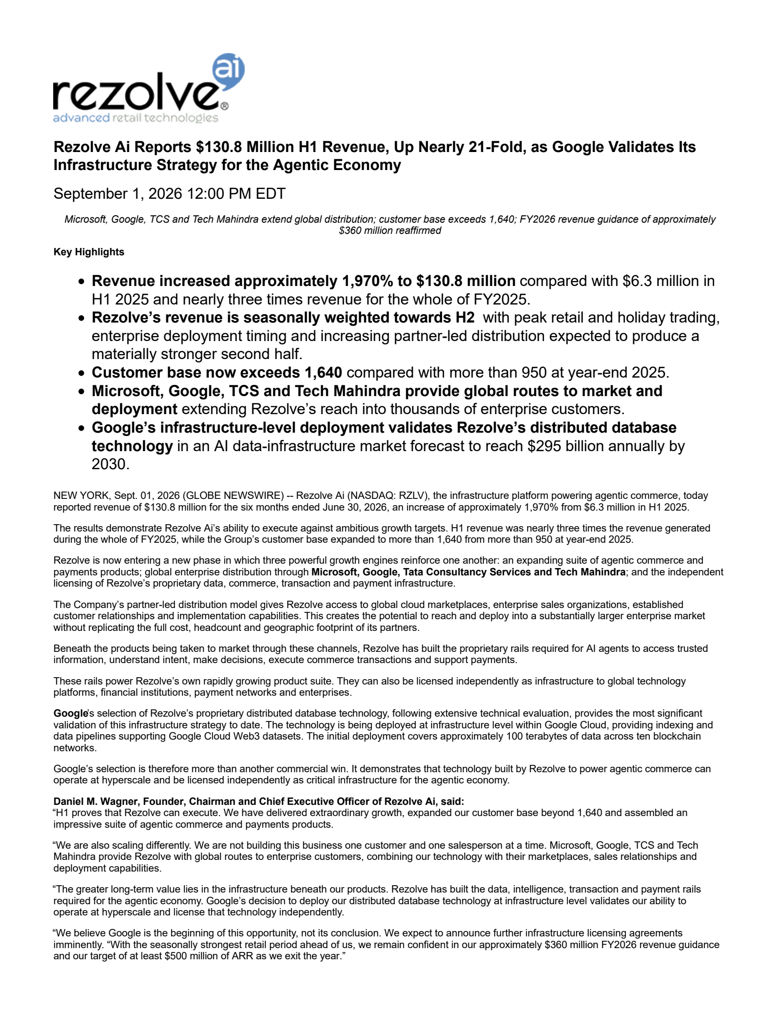 Rezolve AI's H1 2026 Press Release