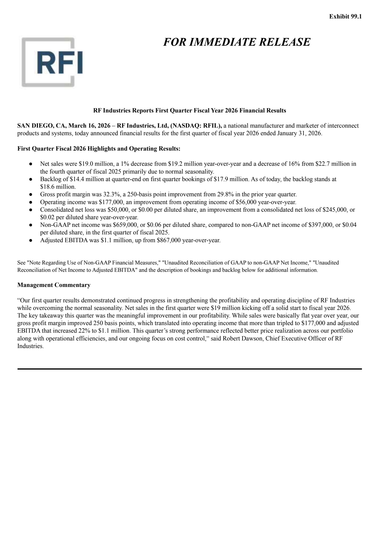 RF Industries' Q1 2026 Press Release