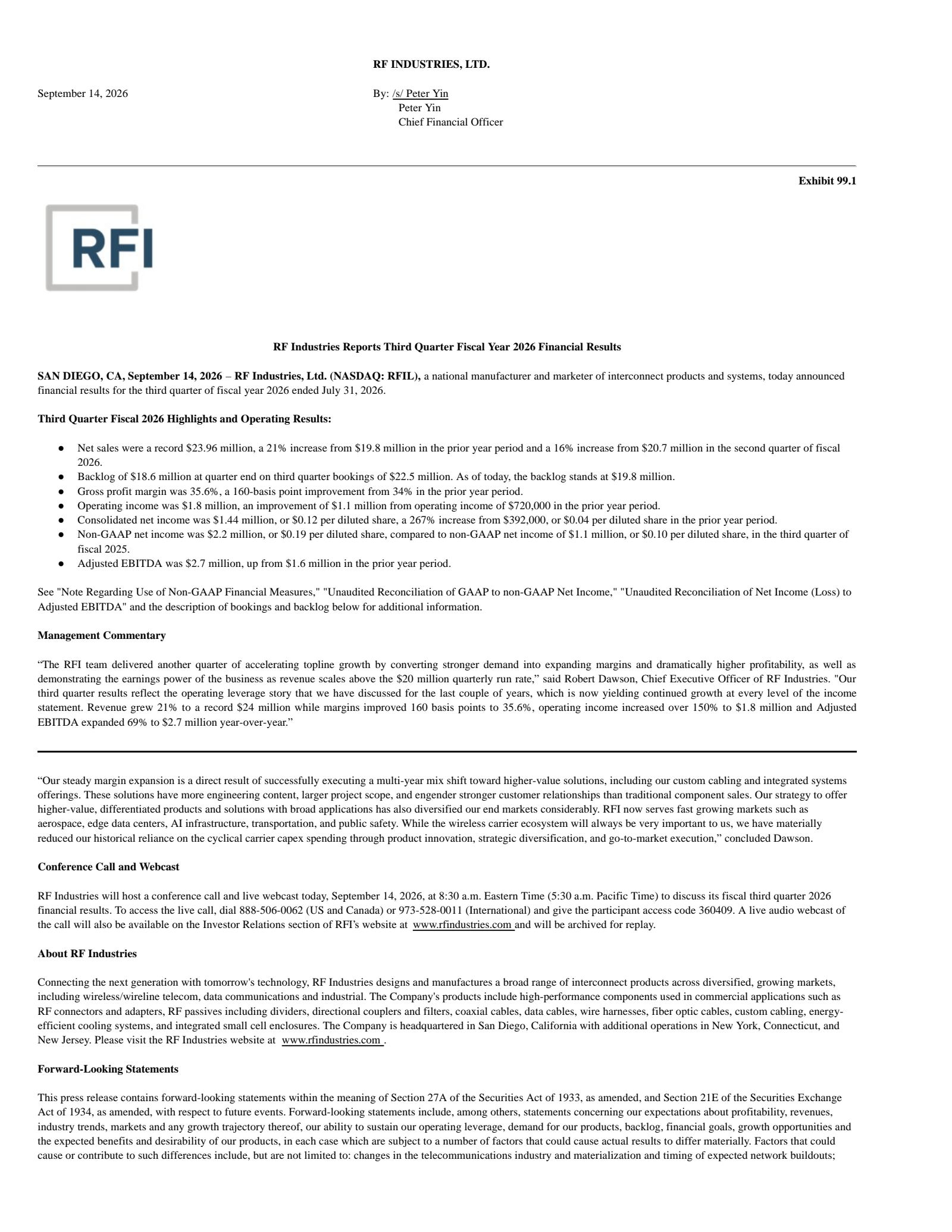 RF Industries' Q3 2026 Press Release