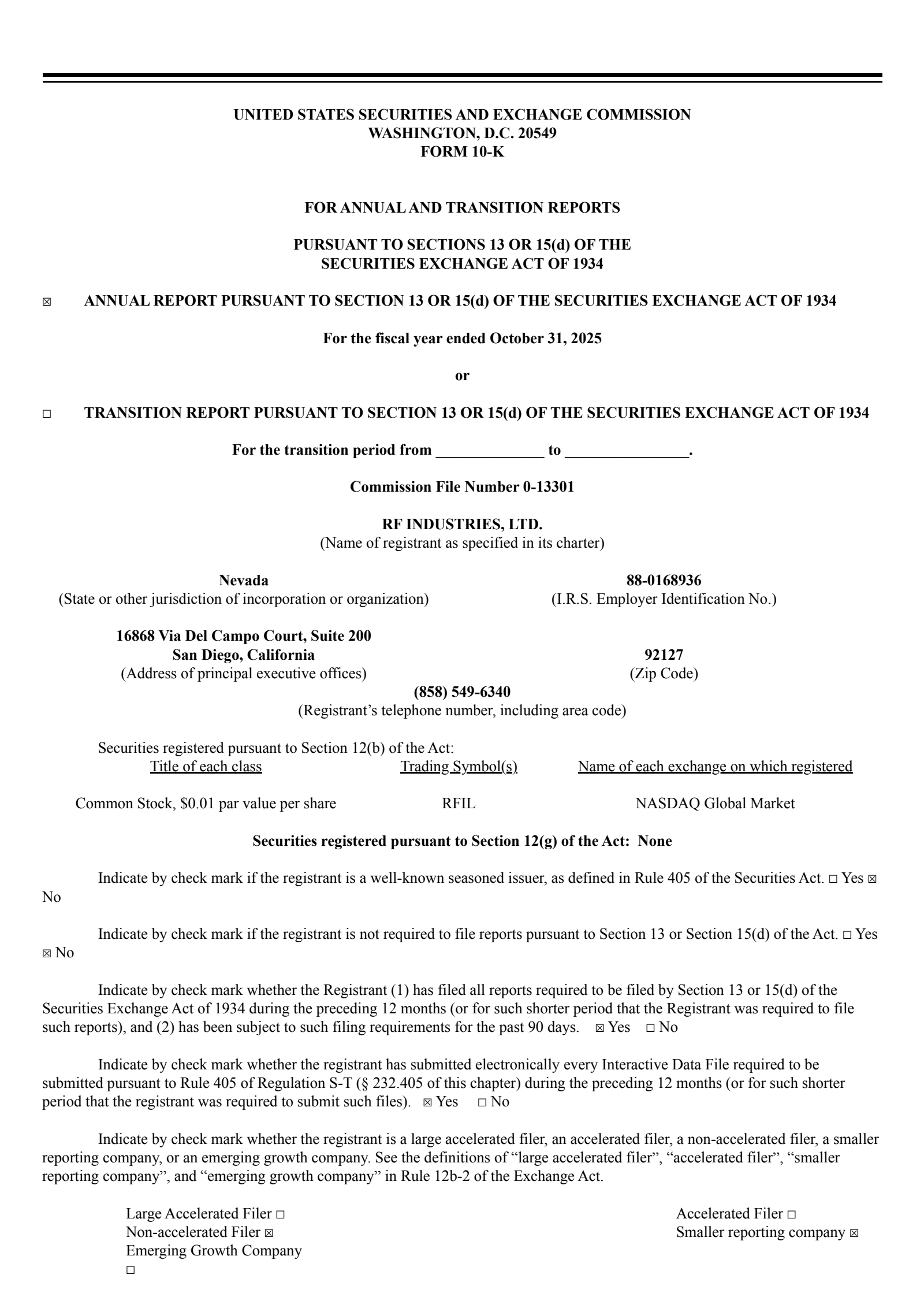 RF Industries' Q4 2025 Annual report
