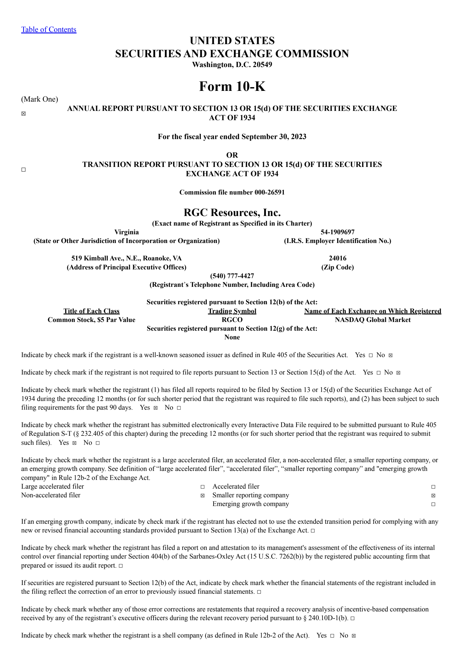 RGC Resources' Q4 2023 Annual report