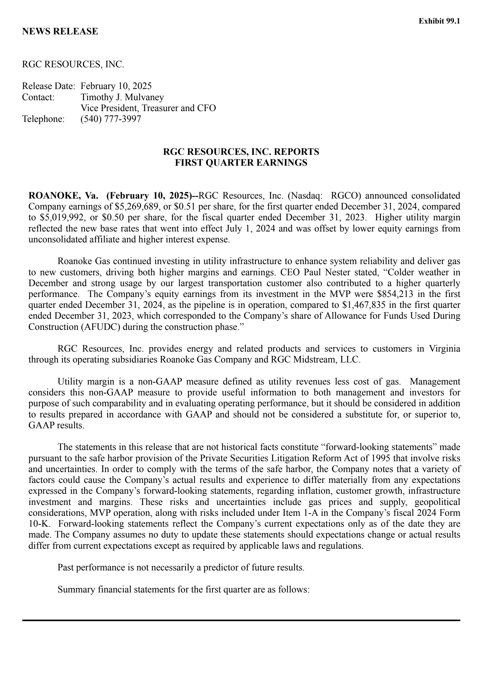 RGC Resources' Q1 2025 Press Release