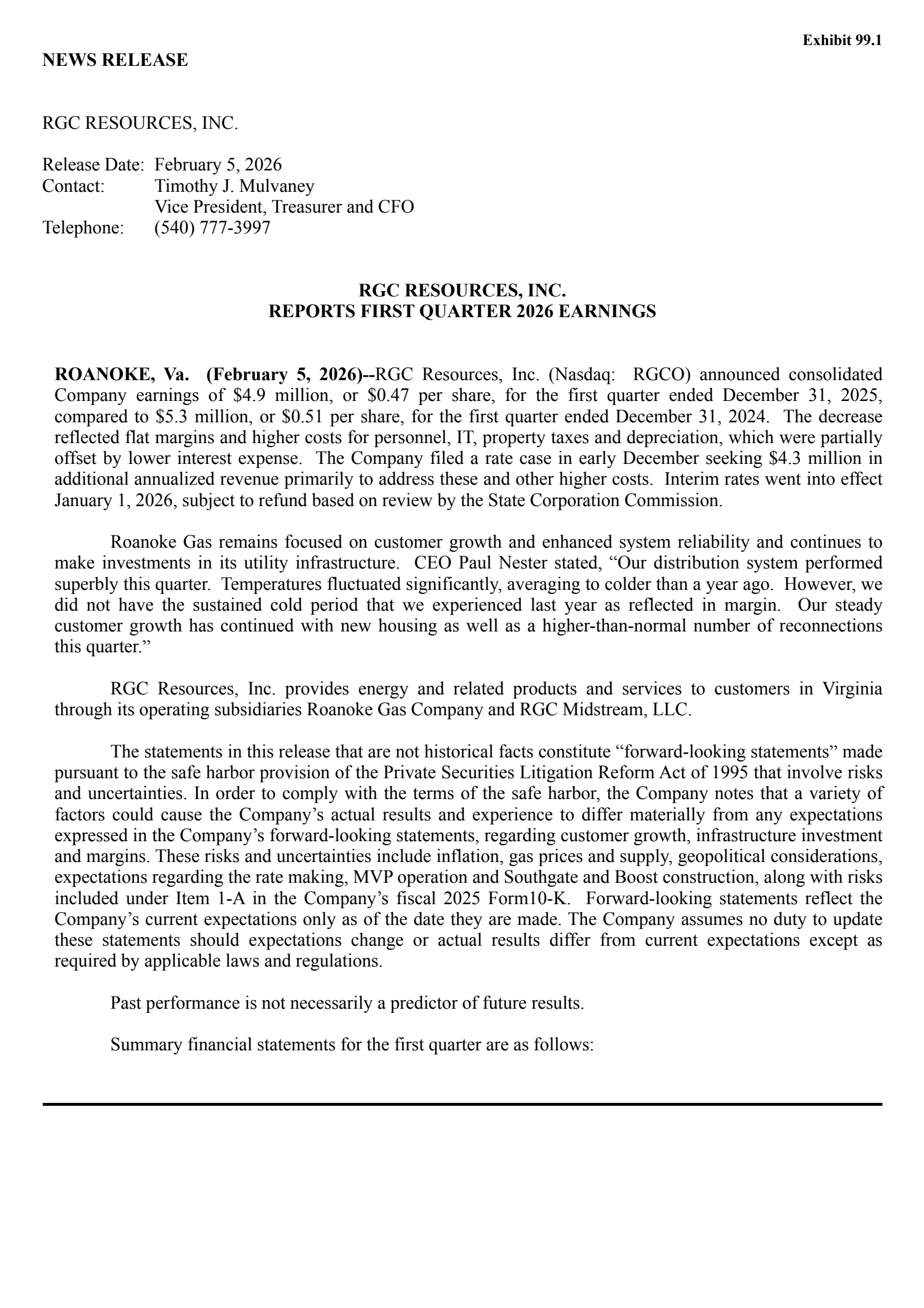 RGC Resources' Q1 2026 Press Release