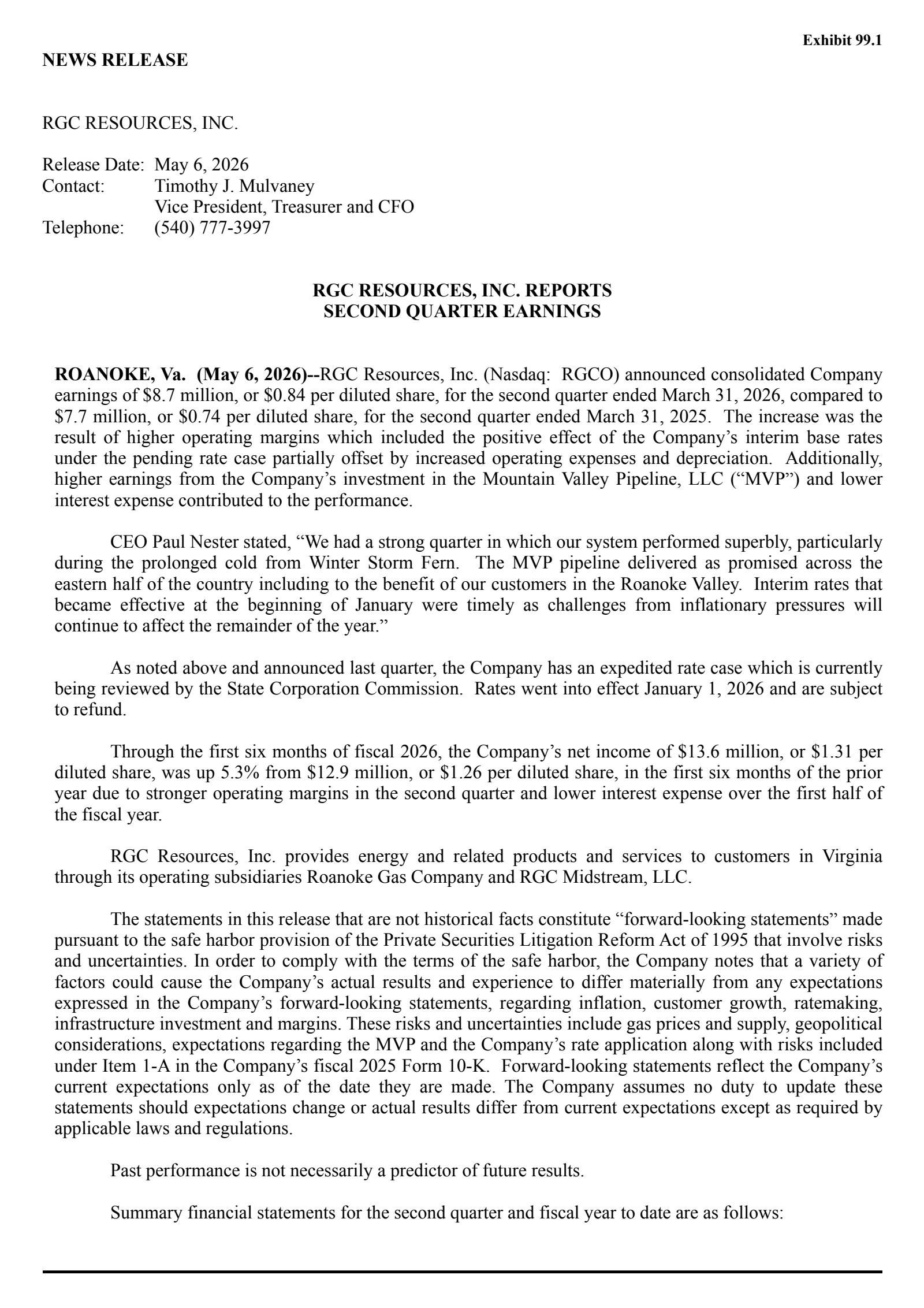 RGC Resources' Q2 2026 Press Release
