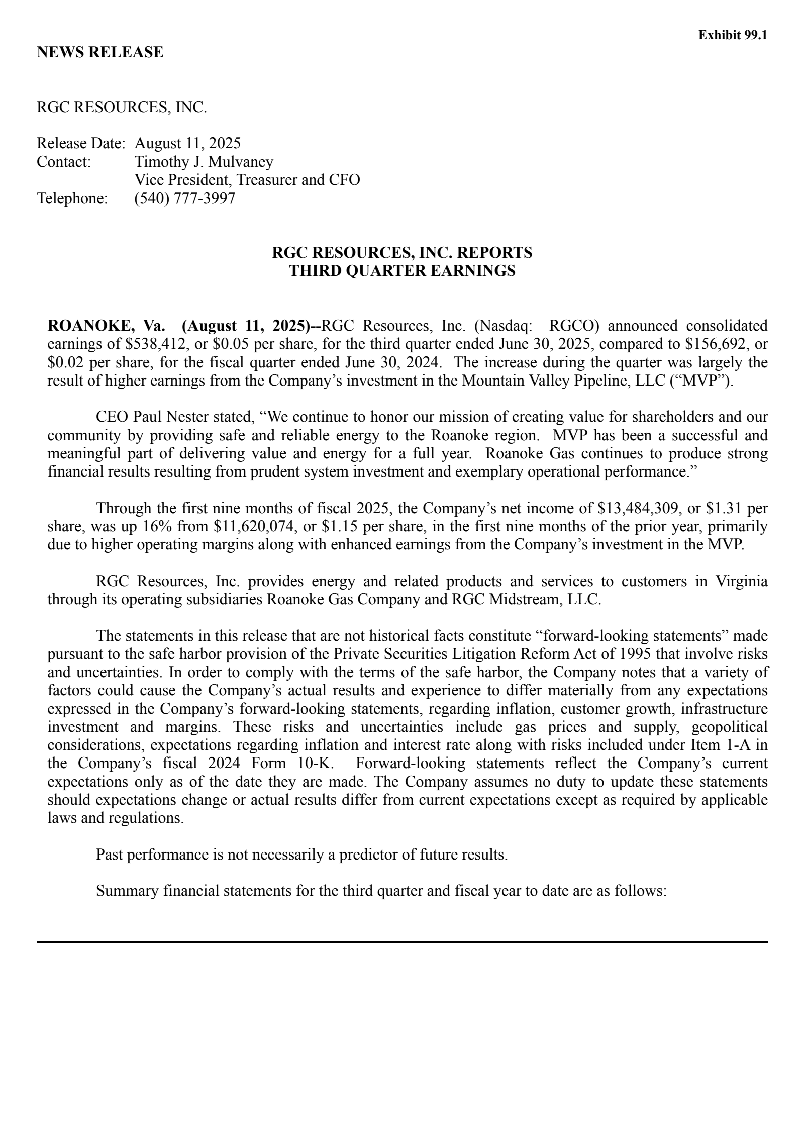 RGC Resources' Q3 2025 Press Release