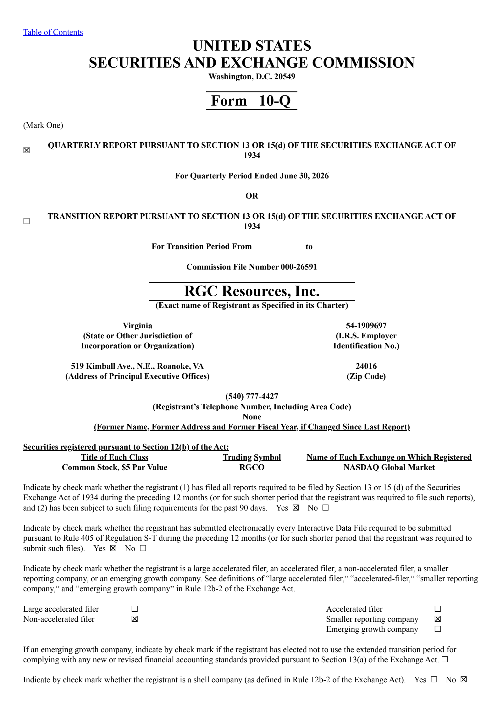 RGC Resources' Q3 2026 Quarterly report