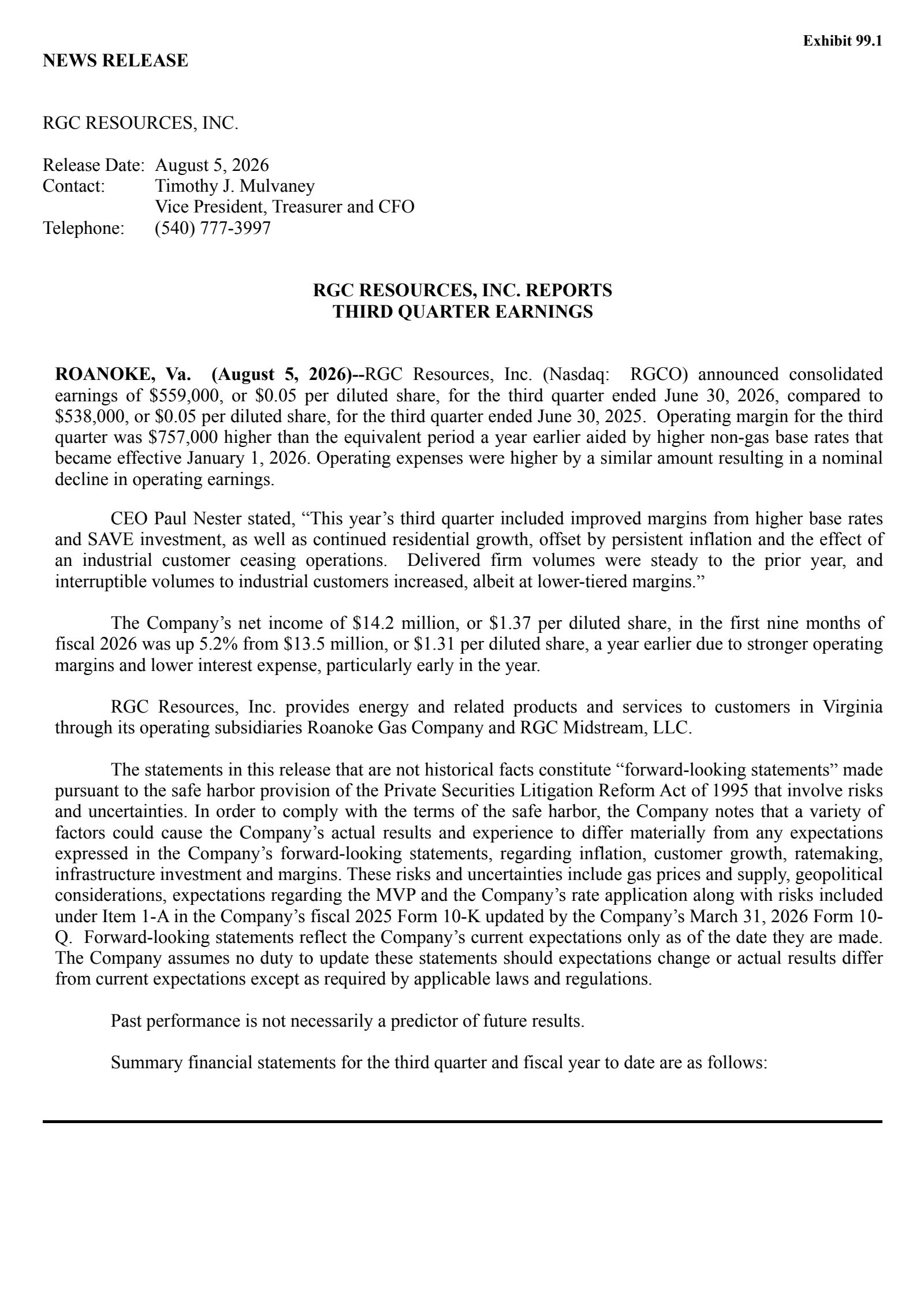 RGC Resources' Q3 2026 Press Release