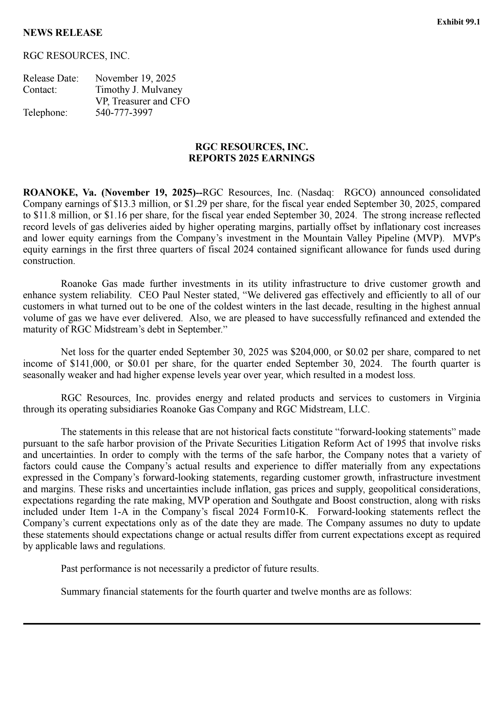 RGC Resources' Q4 2025 Earnings Release