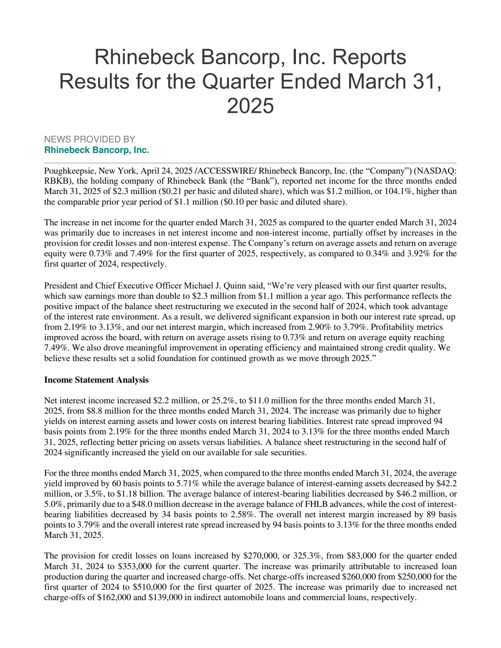Rhinebeck Bancorp's Q1 2025 Press Release