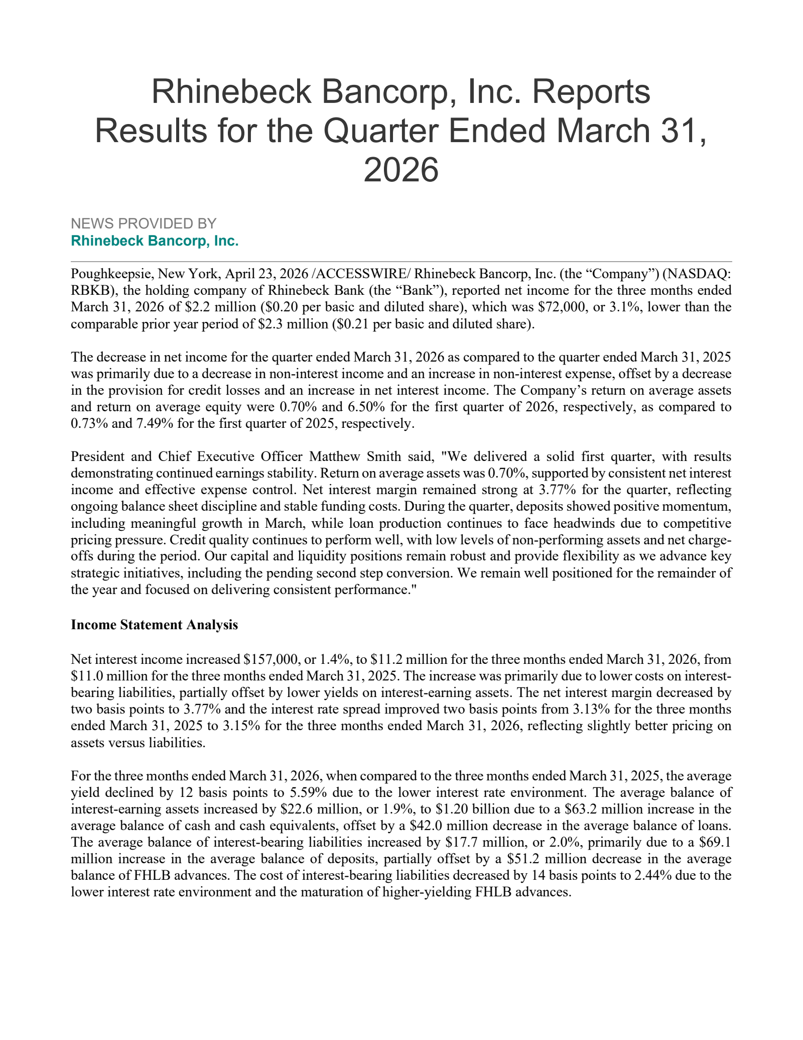 Rhinebeck Bancorp's Q1 2026 Press Release
