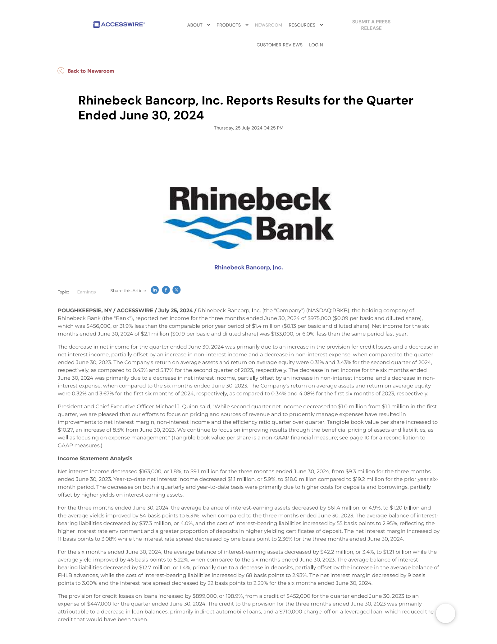 Rhinebeck Bancorp's Q2 2024 Press Release