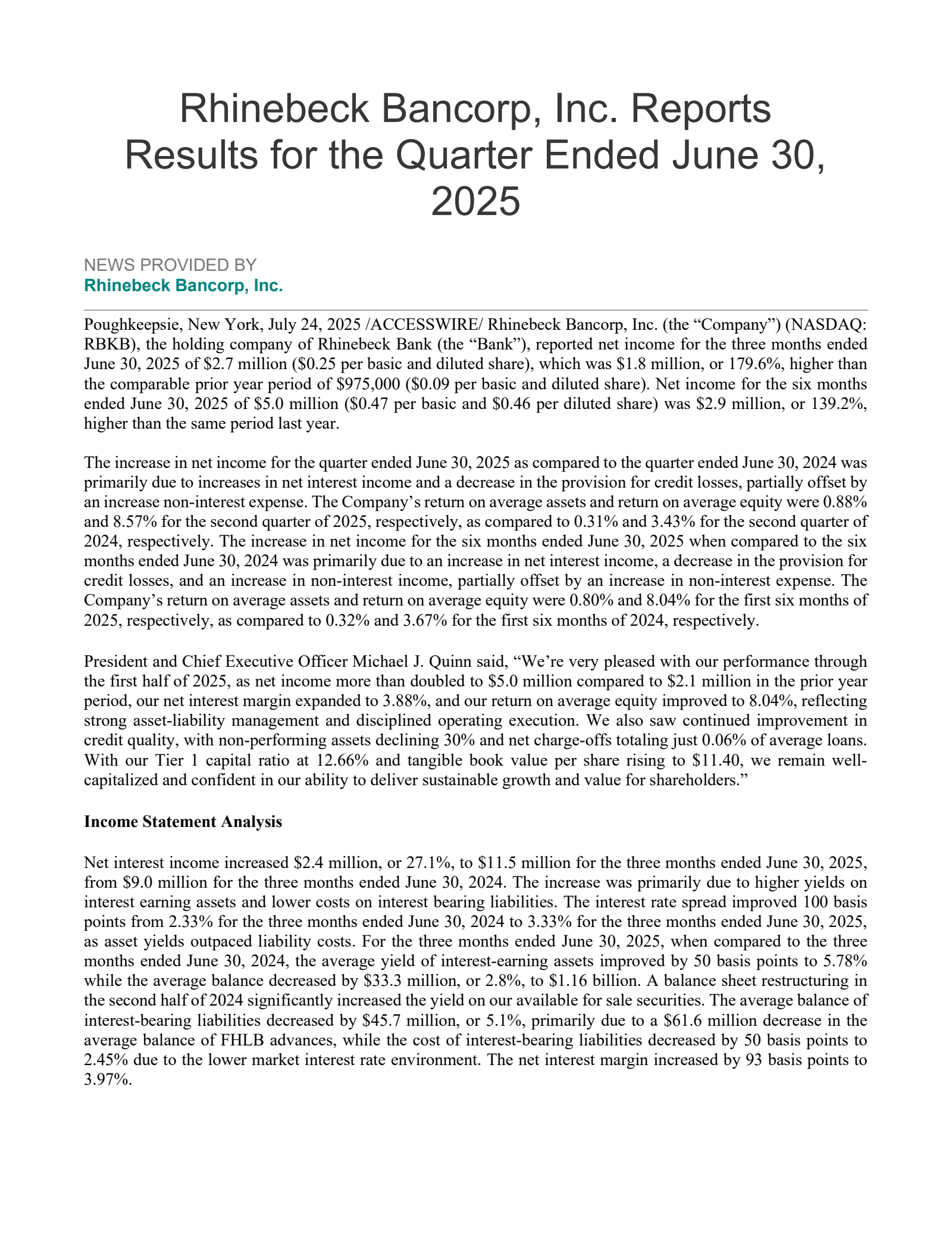 Rhinebeck Bancorp's Q2 2025 Press Release