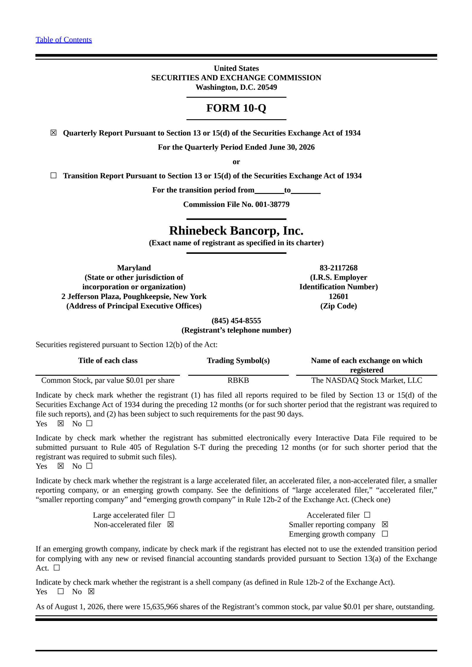 Rhinebeck Bancorp's Q2 2026 Quarterly report