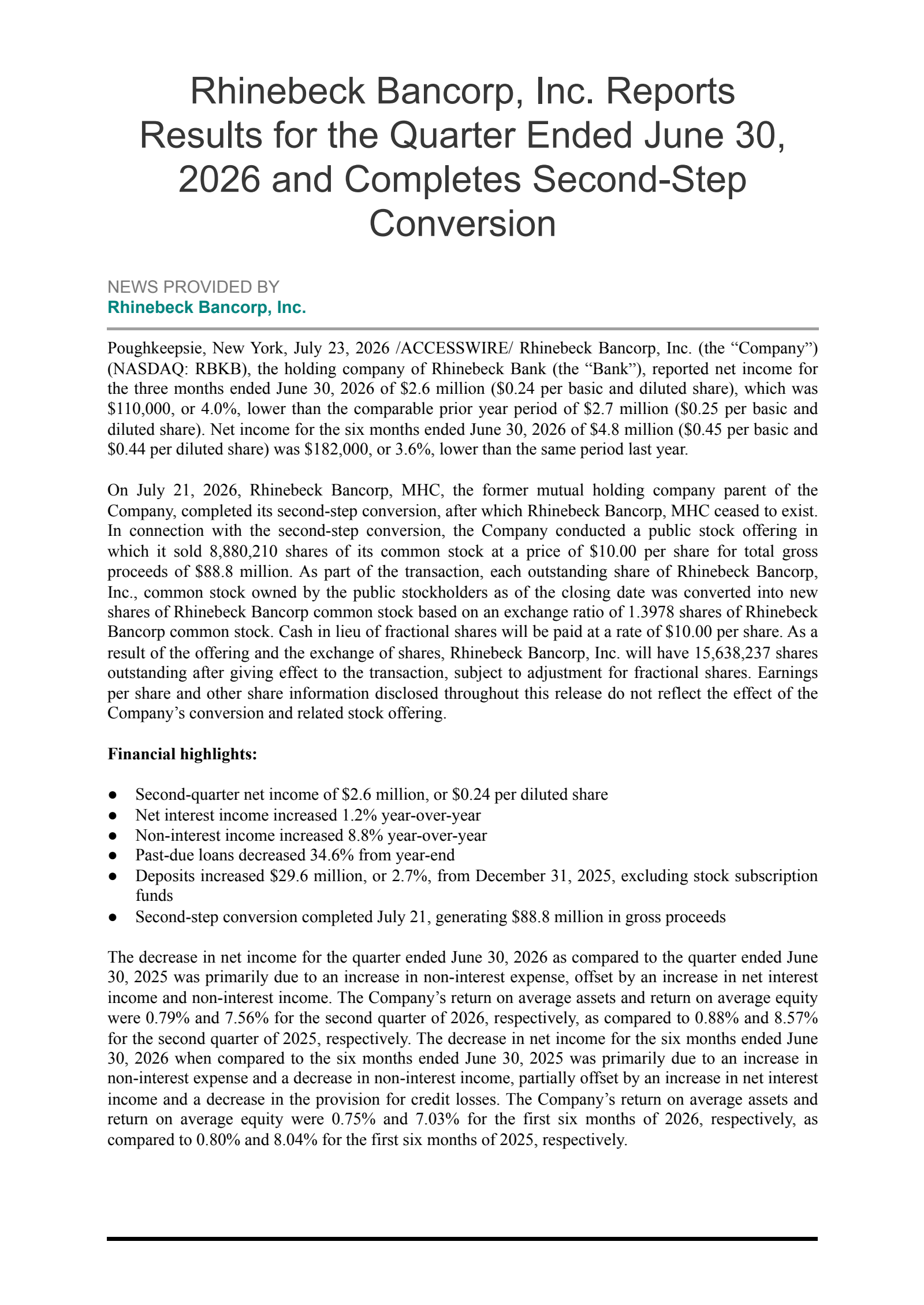 Rhinebeck Bancorp's Q2 2026 Press Release