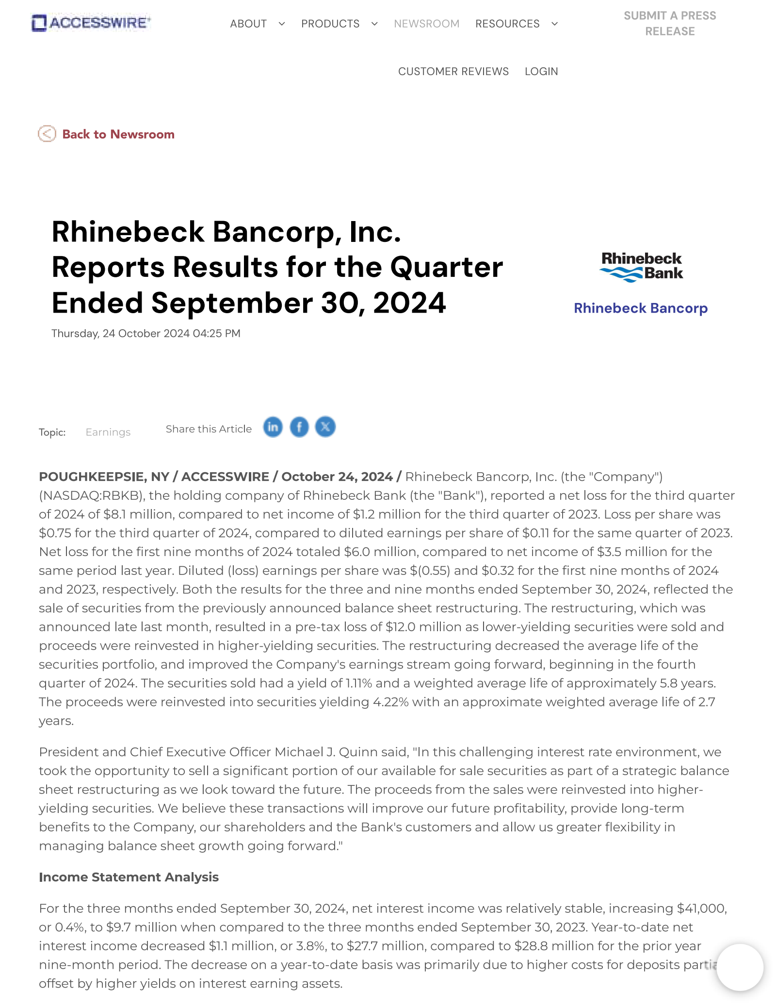 Rhinebeck Bancorp's Q3 2024 Press Release