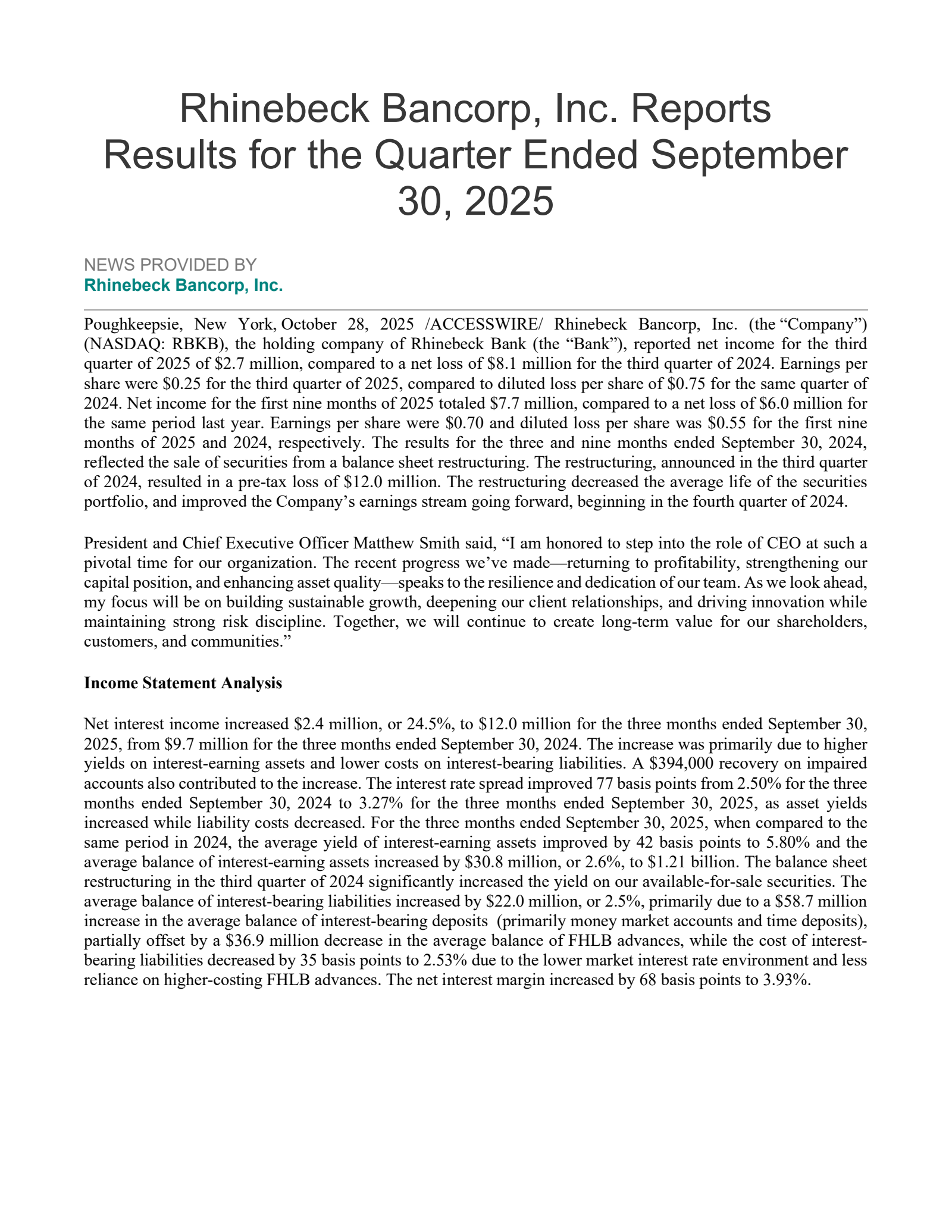 Rhinebeck Bancorp's Q3 2025 Press Release