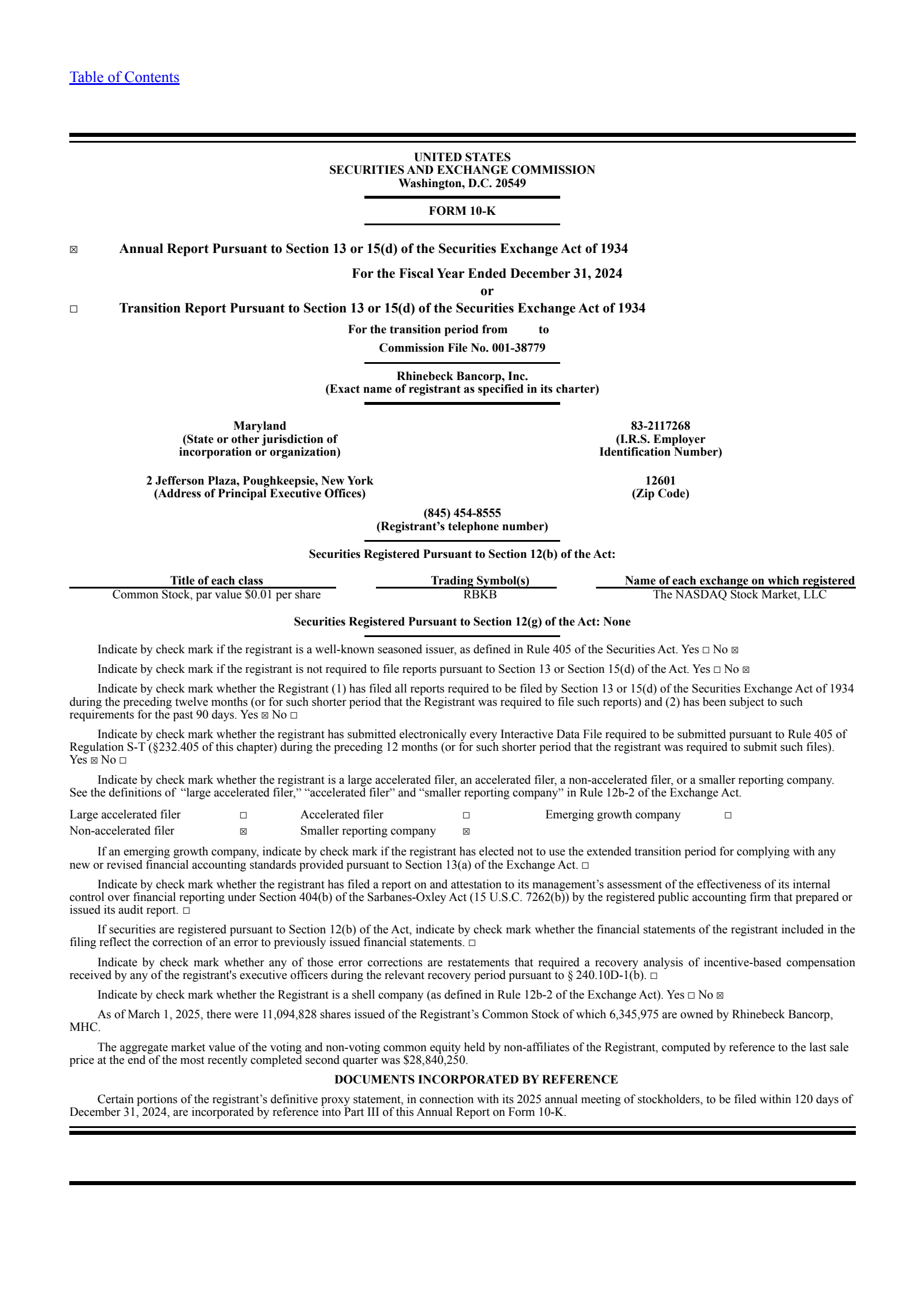 Rhinebeck Bancorp's Q4 2024 Annual report