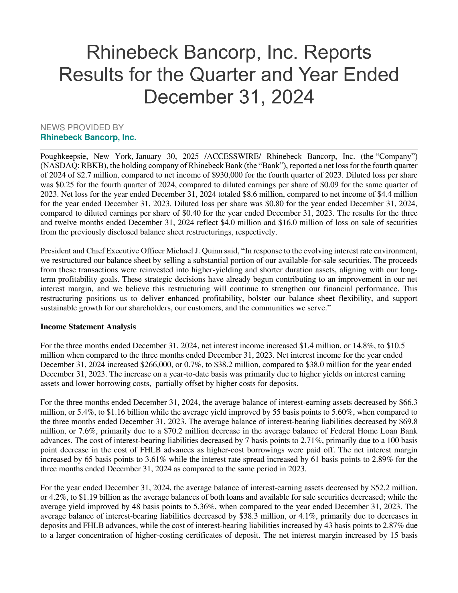 Rhinebeck Bancorp's Q4 2024 Press Release