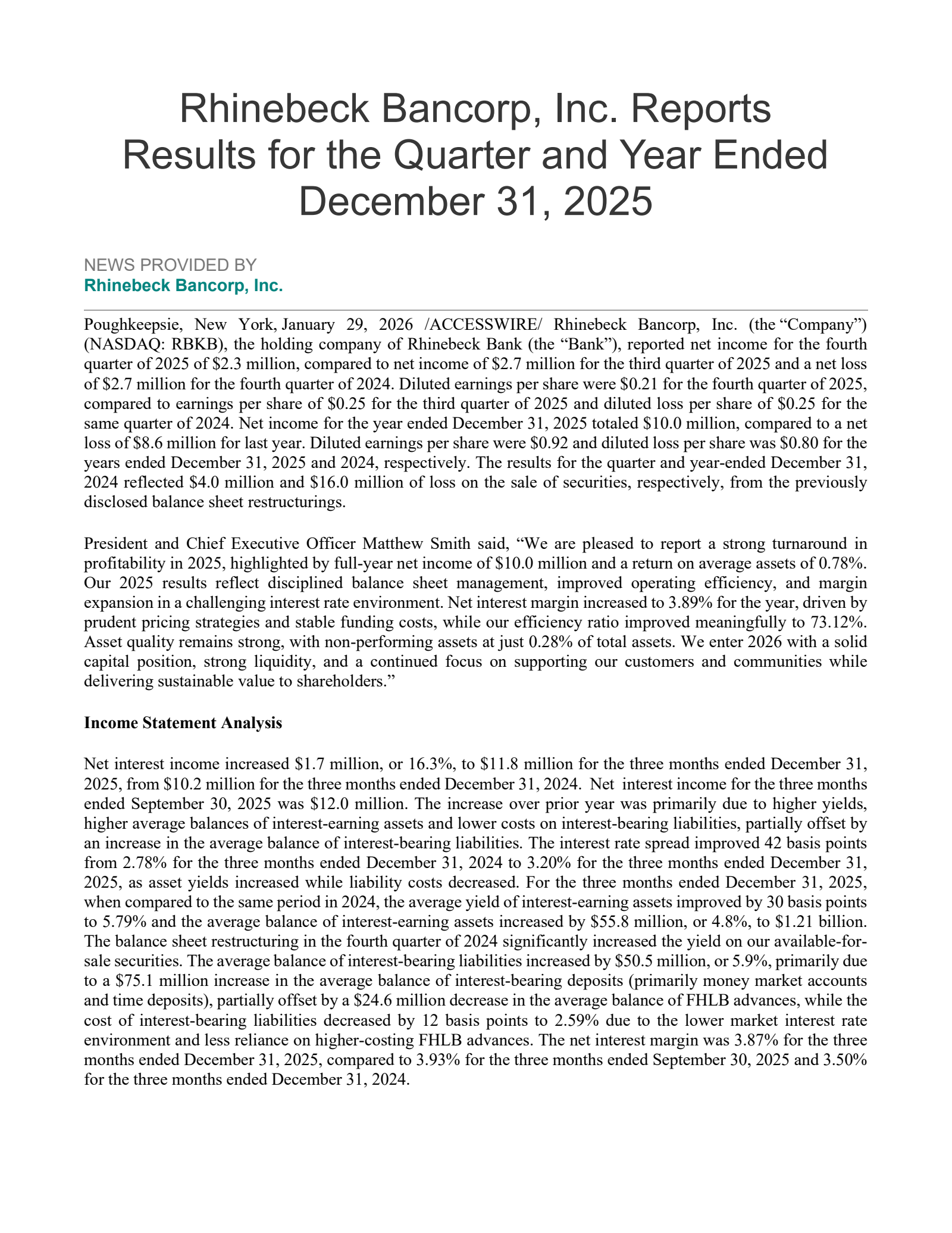 Rhinebeck Bancorp's Q4 2025 Press Release