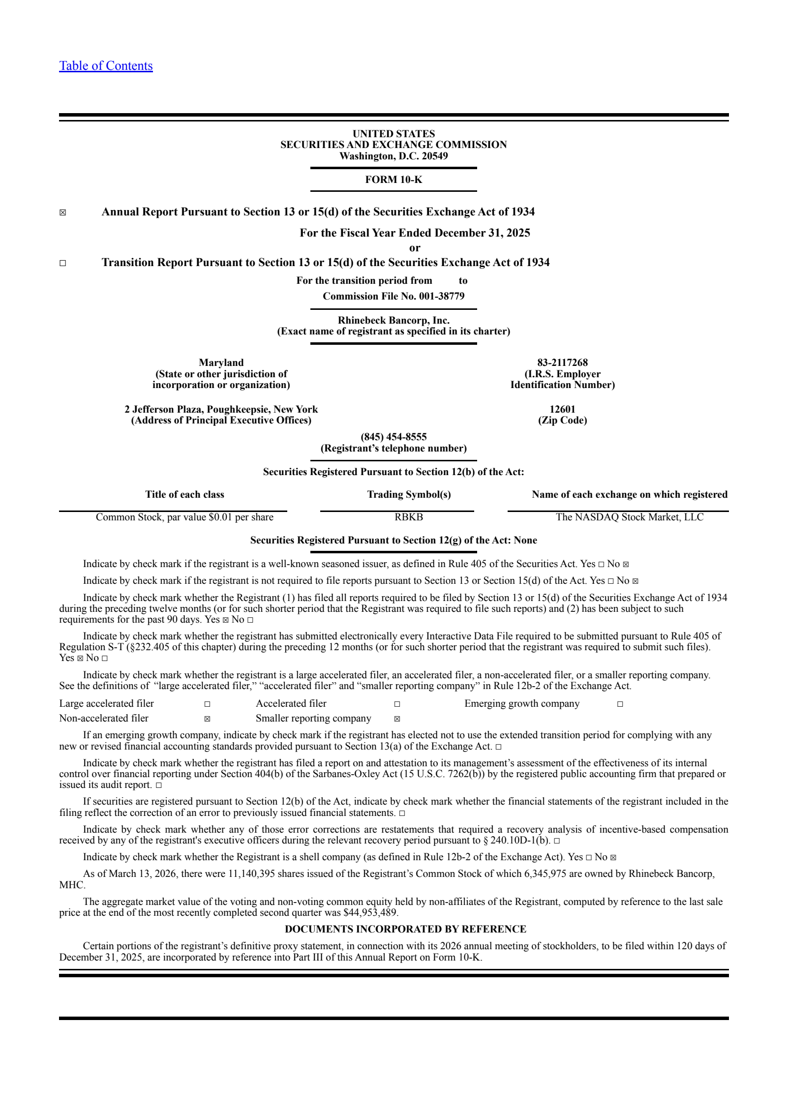 Rhinebeck Bancorp's Q4 2025 Annual report