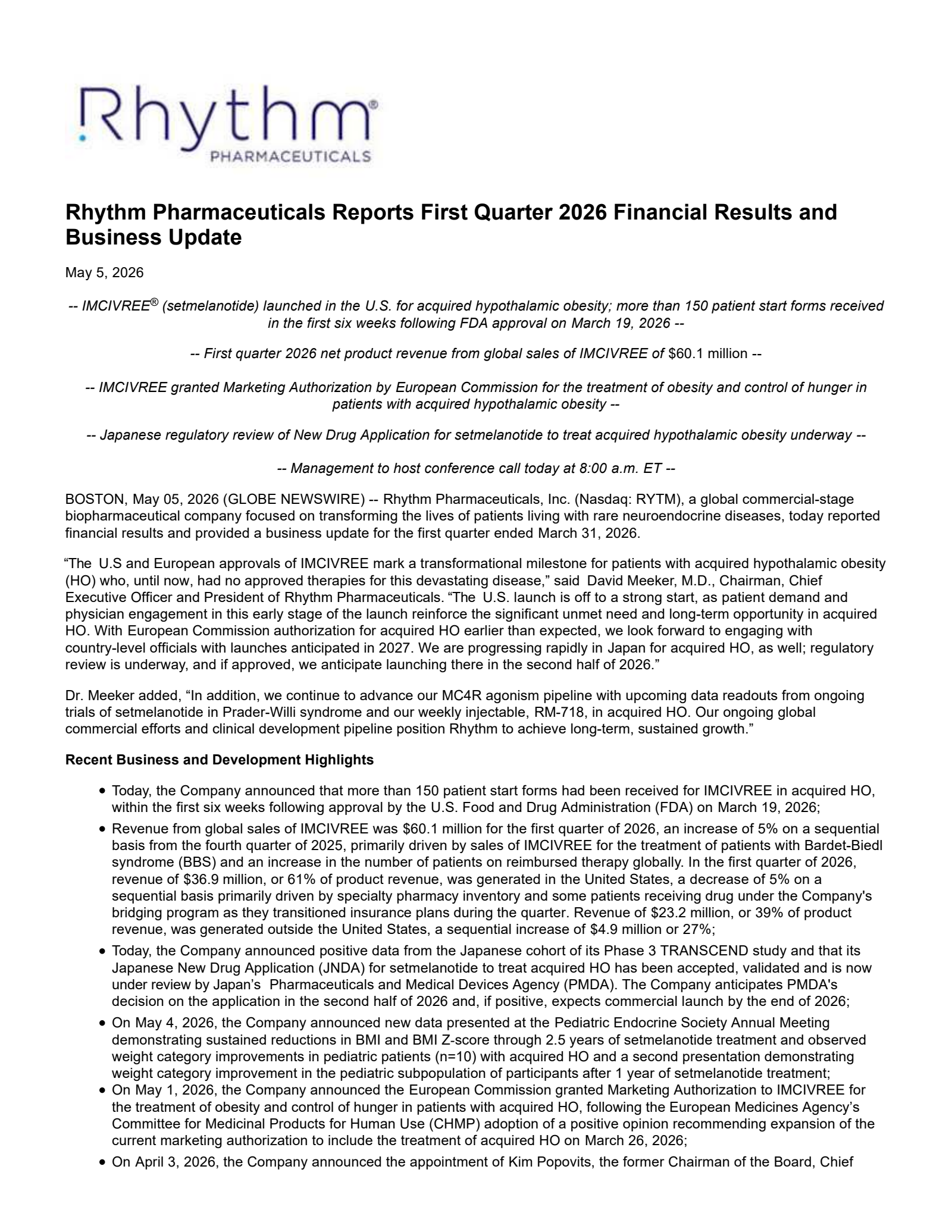 Rhythm Pharmaceuticals' Q1 2026 Press Release