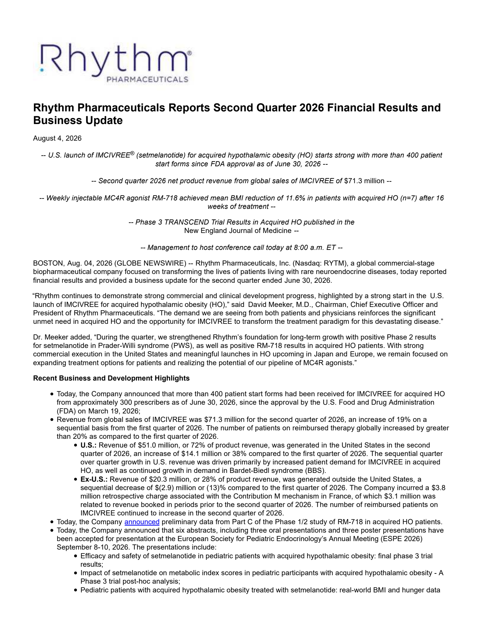 Rhythm Pharmaceuticals' Q2 2026 Press Release