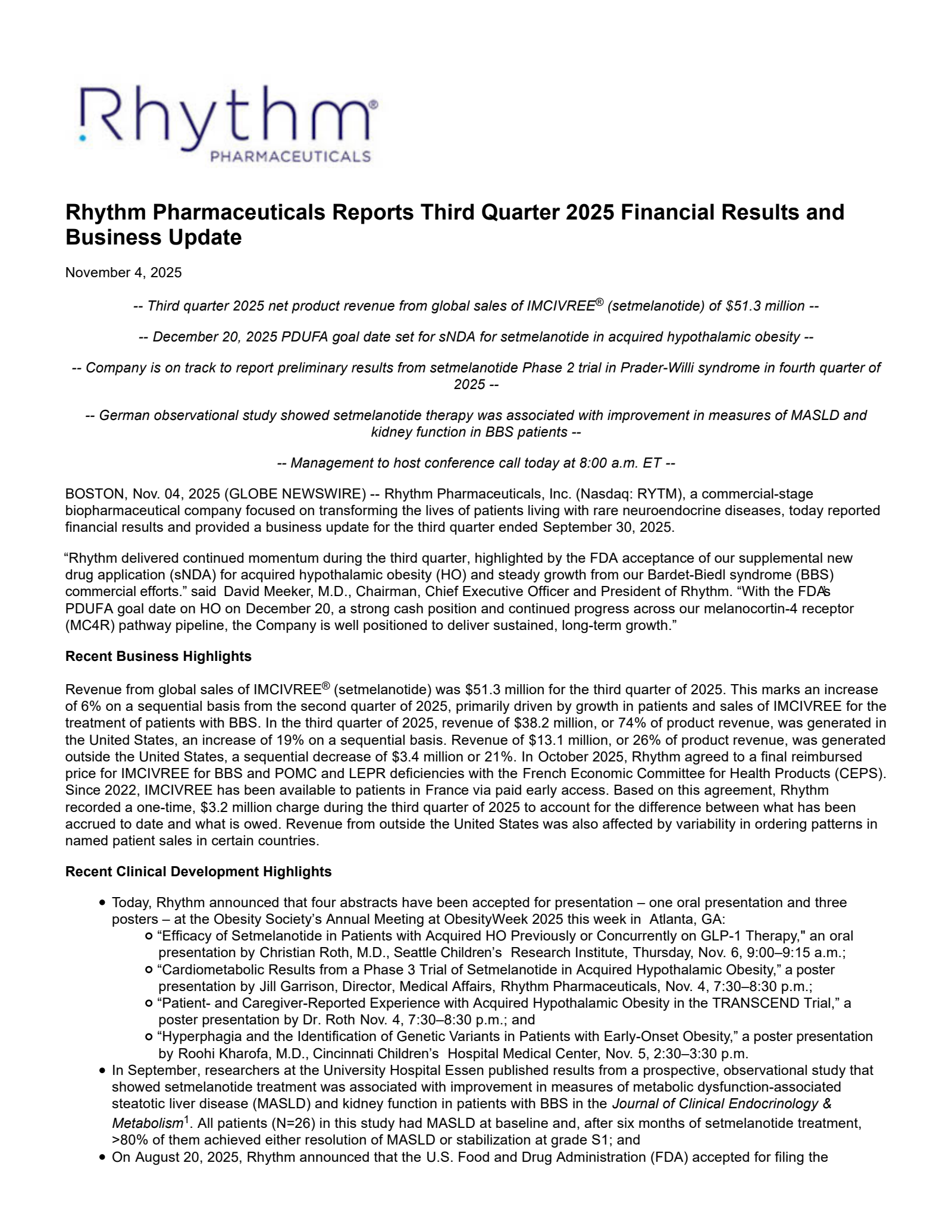 Rhythm Pharmaceuticals' Q3 2025 Earnings Release