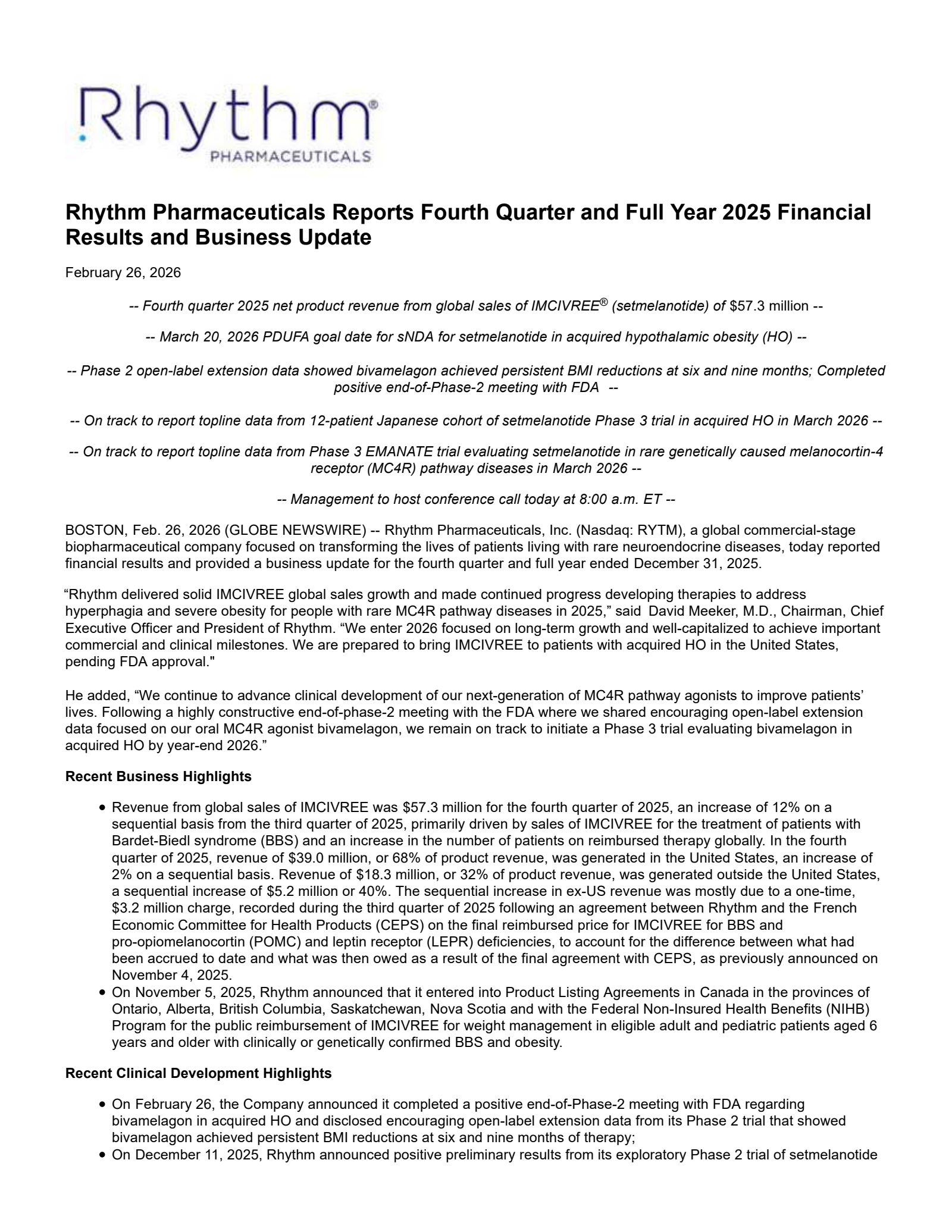 Rhythm Pharmaceuticals' Q4 2025 Press Release