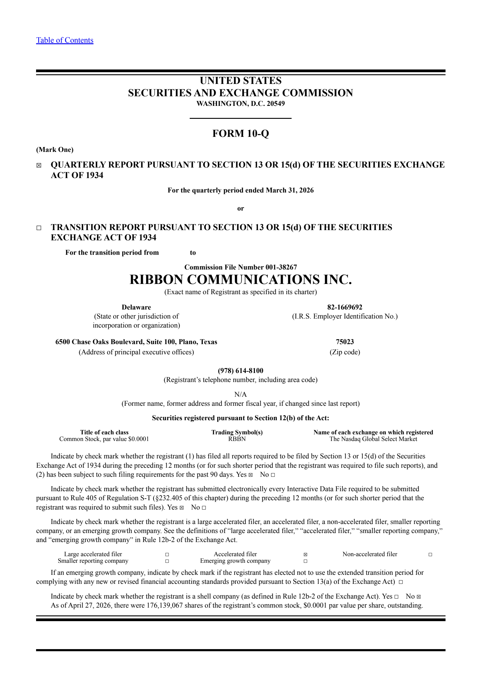 Ribbon Communications' Q1 2026 Quarterly report