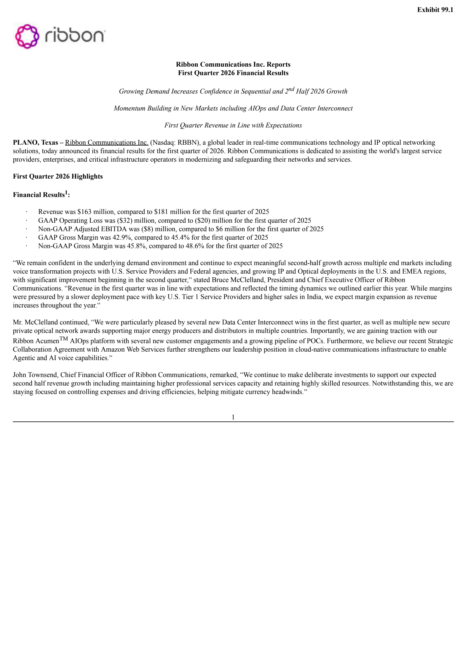 Ribbon Communications' Q1 2026 Press Release