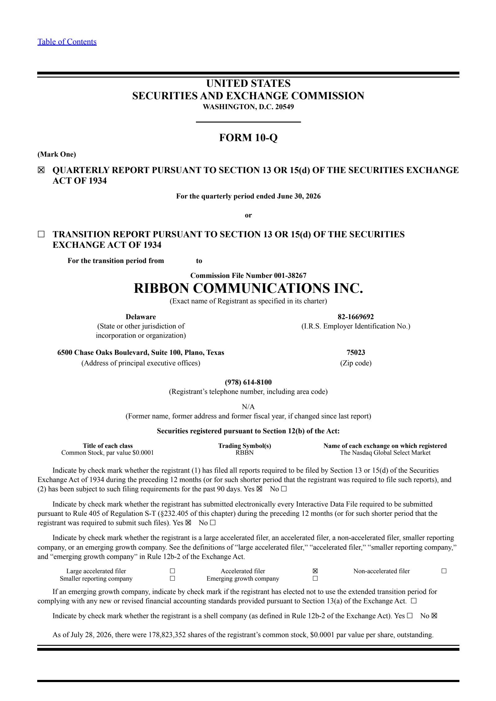 Ribbon Communications' Q2 2026 Quarterly report