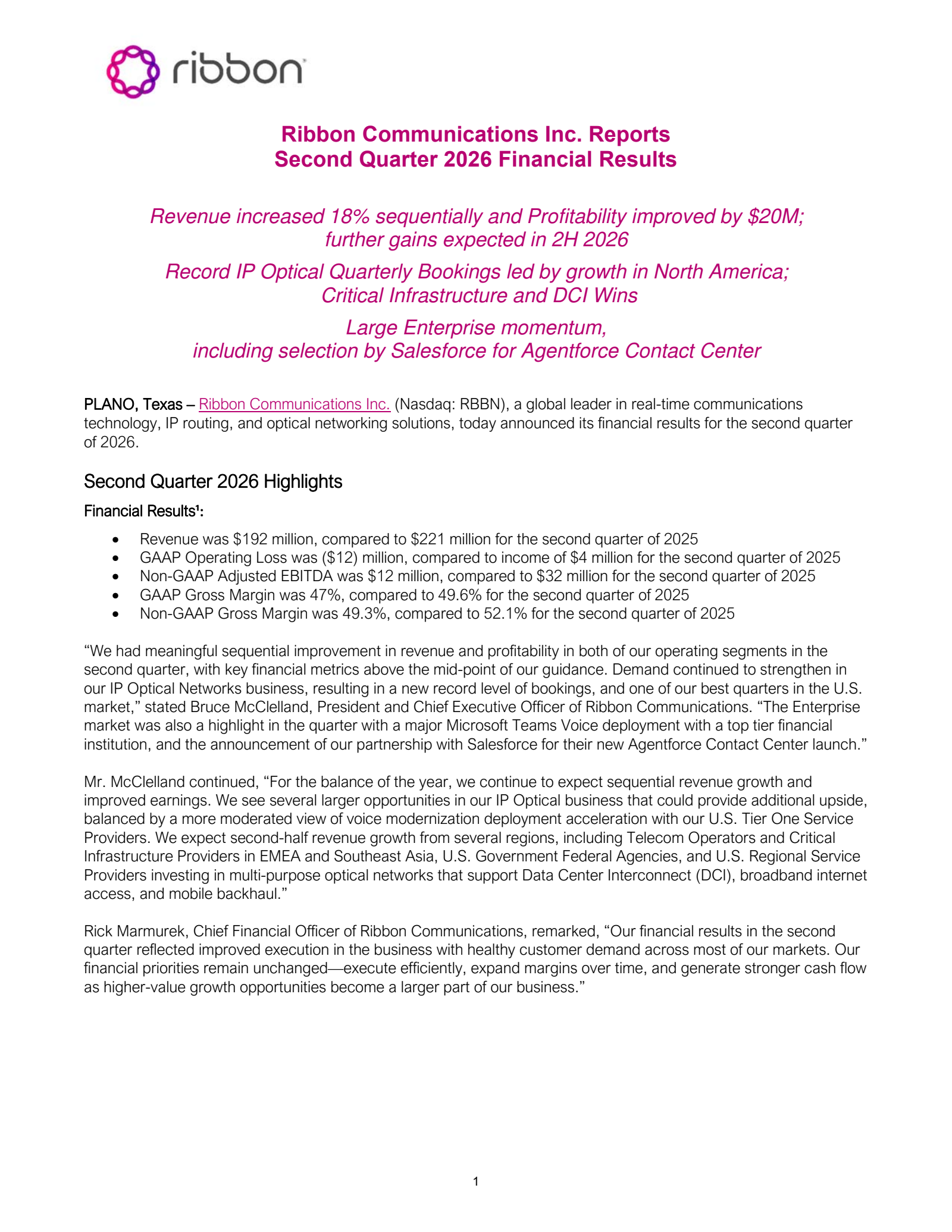 Ribbon Communications' Q2 2026 Press Release